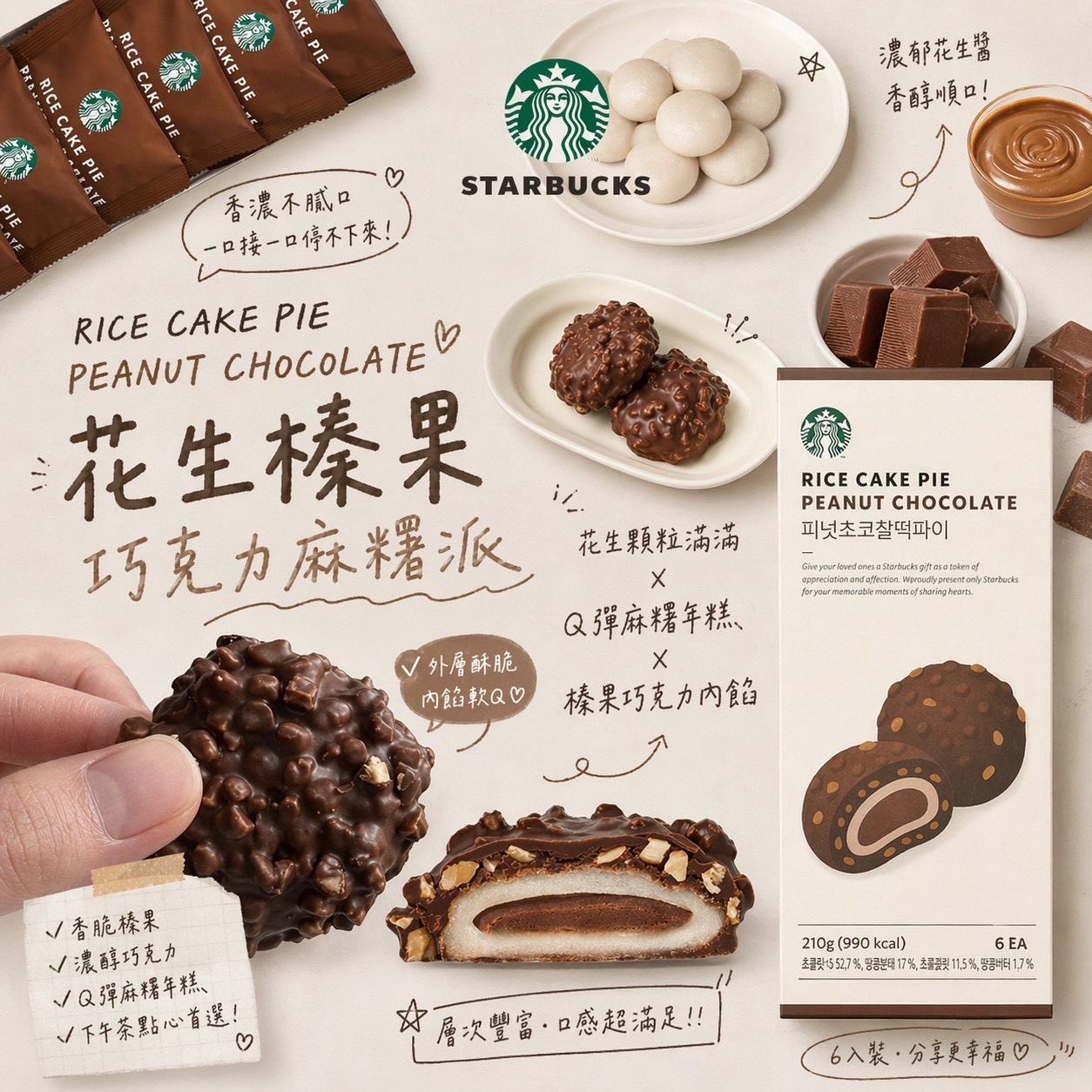 (預購商品) 韓國 STARBUCKS 星巴克 花生榛果巧克力麻糬派 6入