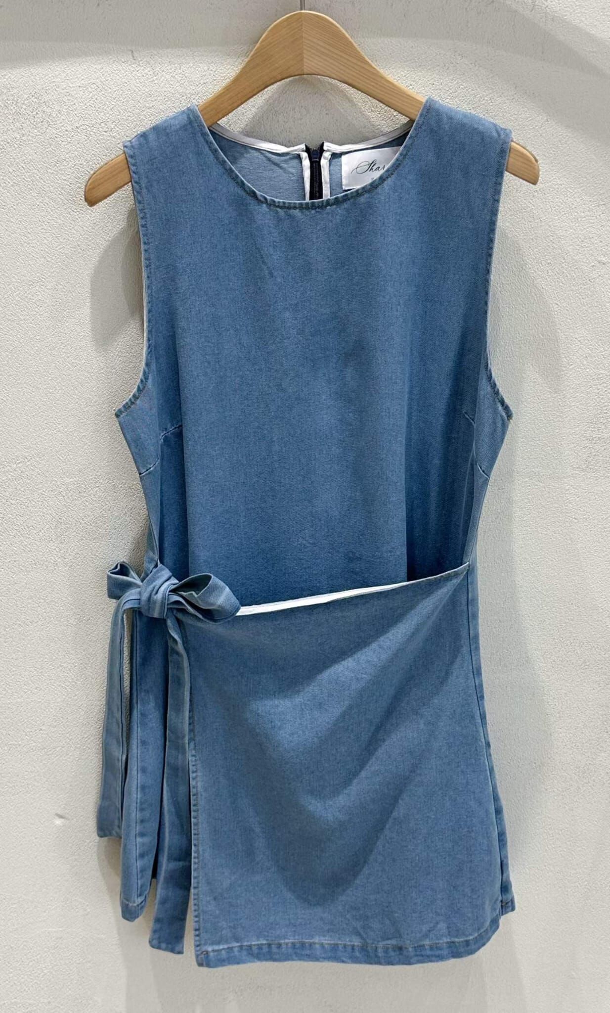 SU6103 蝴蝶結開頁背心牛仔連身裙