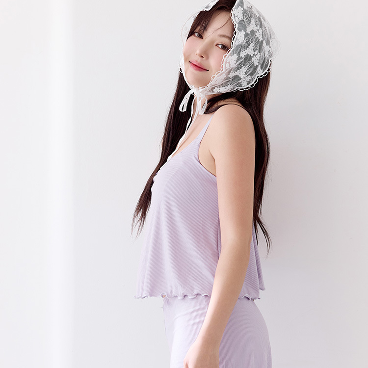 SET【BoBo Sis · Night Bra】Double C Ribbed Jersey Ruffle Hem Pyjamas (Romantic Purple)