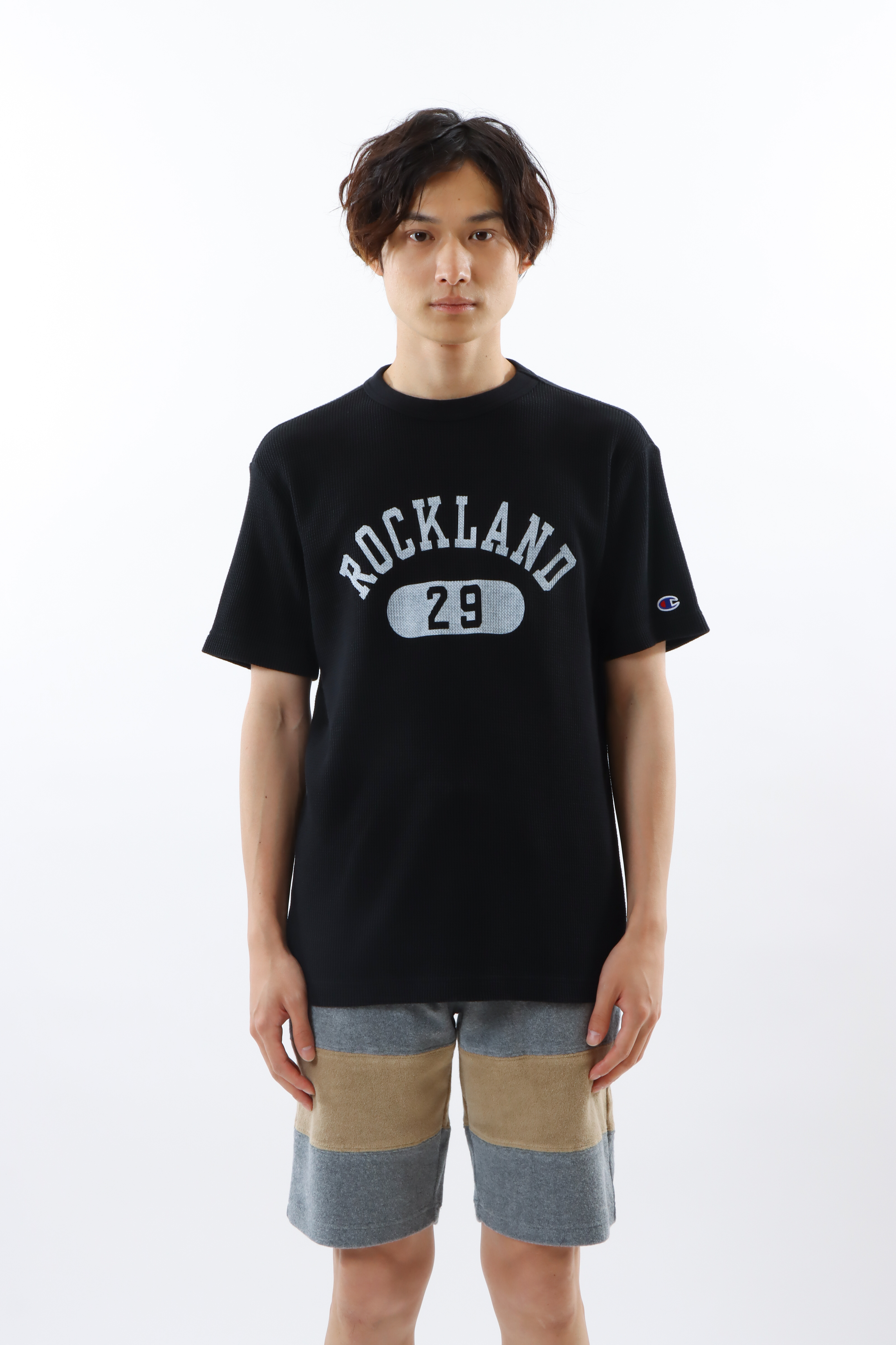 男款-BASIC 印花鬆餅格短袖TEE-黑色（C3-Z352-090）