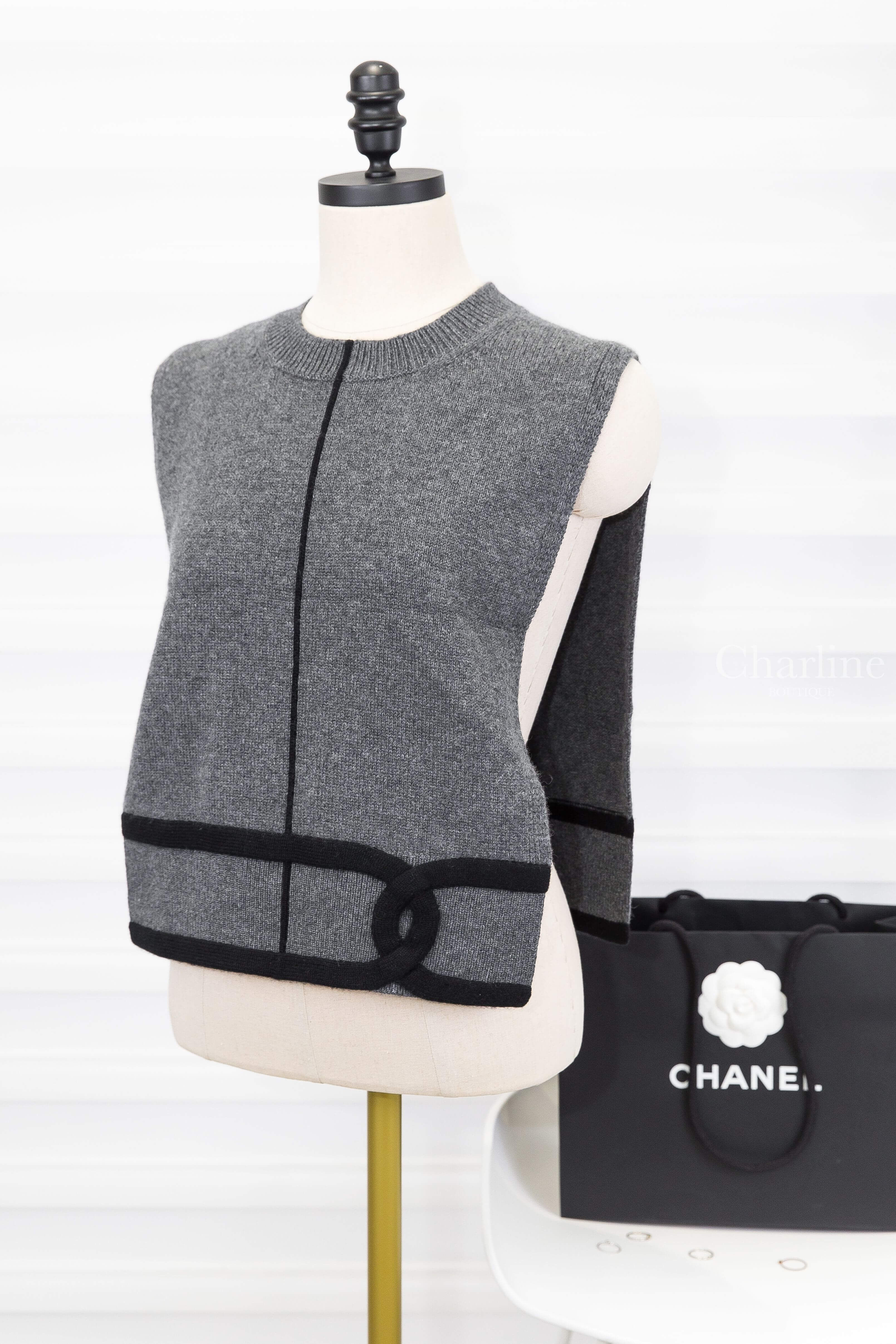 Chanel Collar 灰色針織黑線條CC喀什米爾無袖背心-Charline Boutique 精品代購