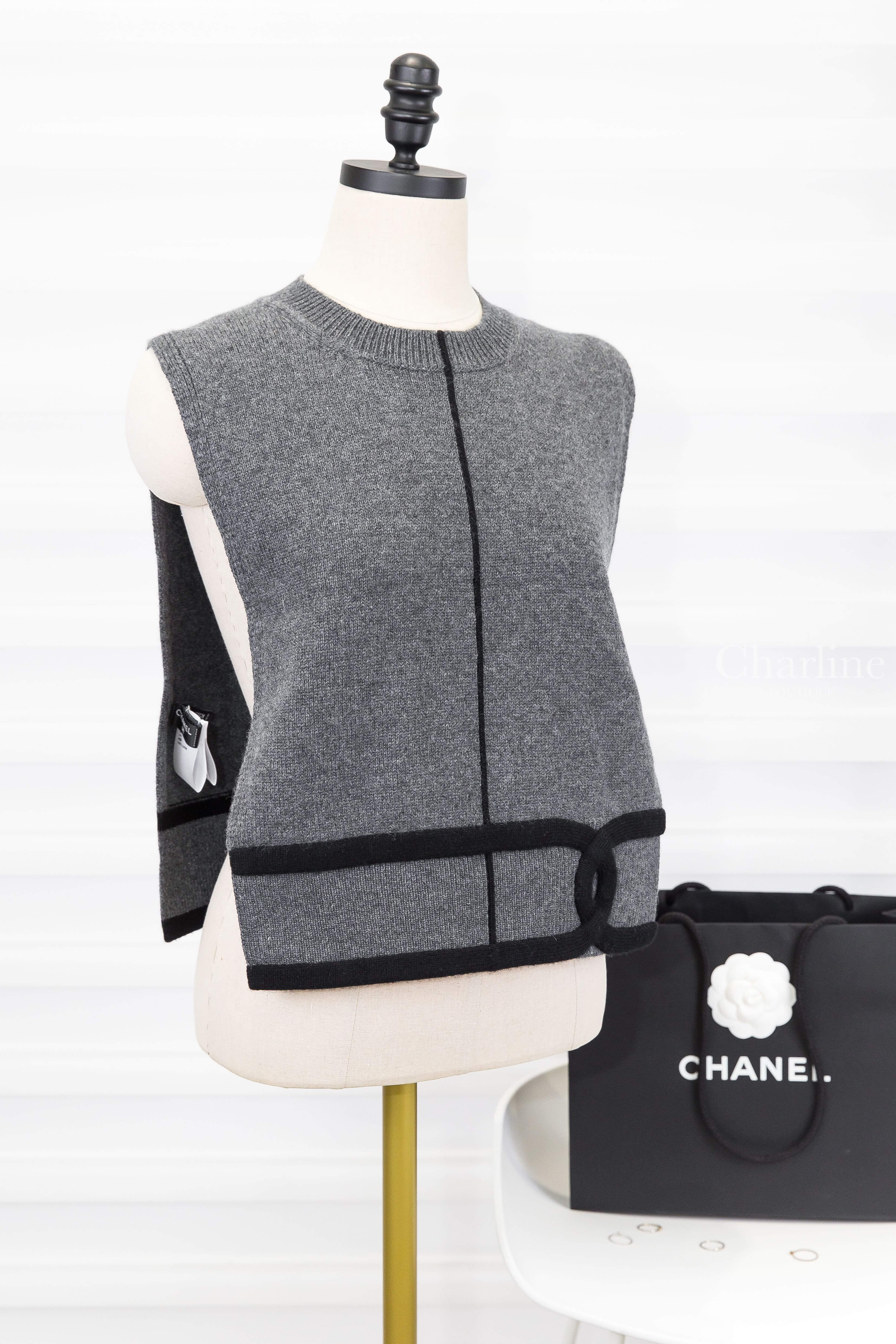 Chanel Collar 灰色針織黑線條CC喀什米爾無袖背心-Charline Boutique 精品代購