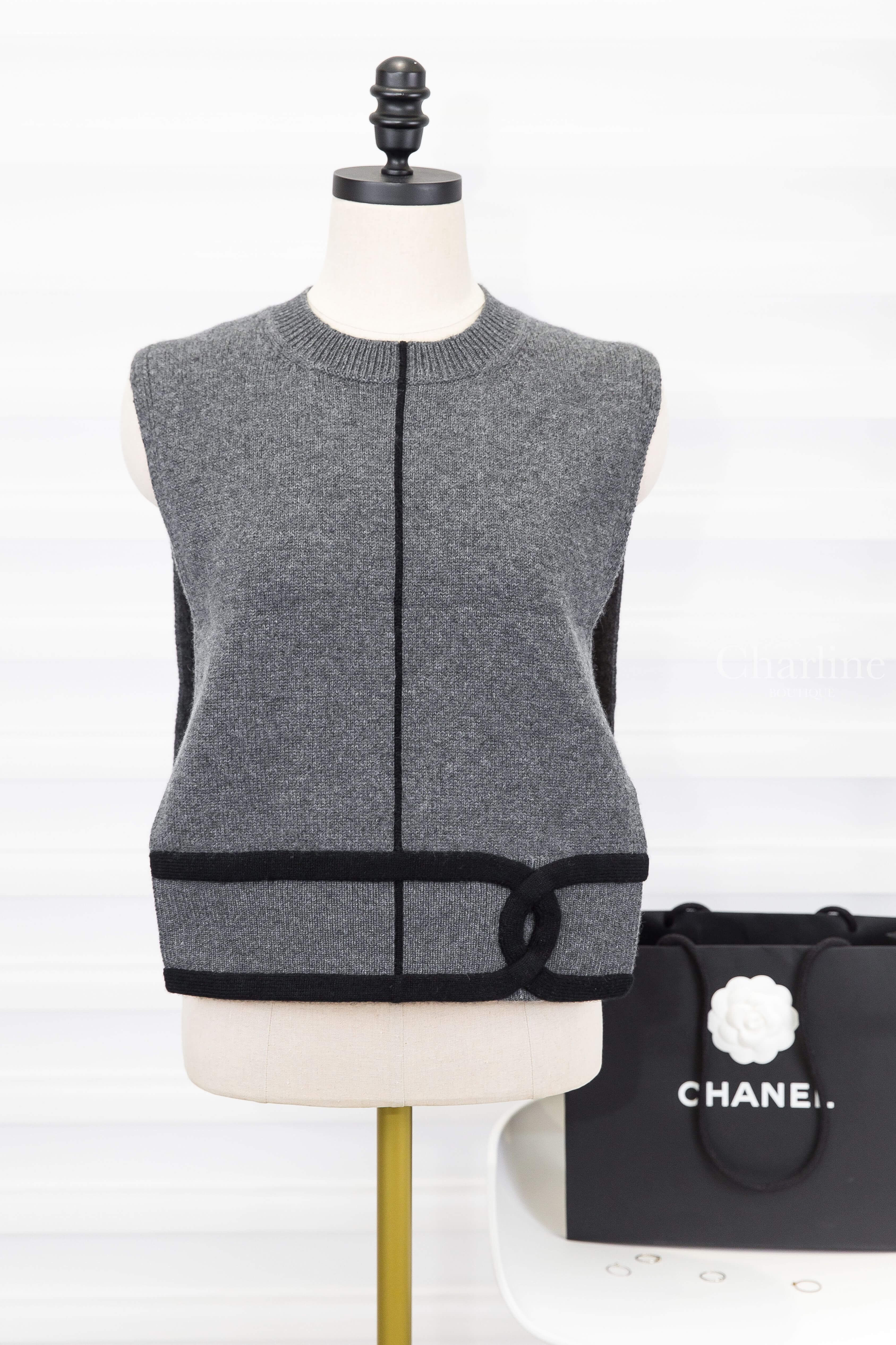 Chanel Collar 灰色針織黑線條CC喀什米爾無袖背心