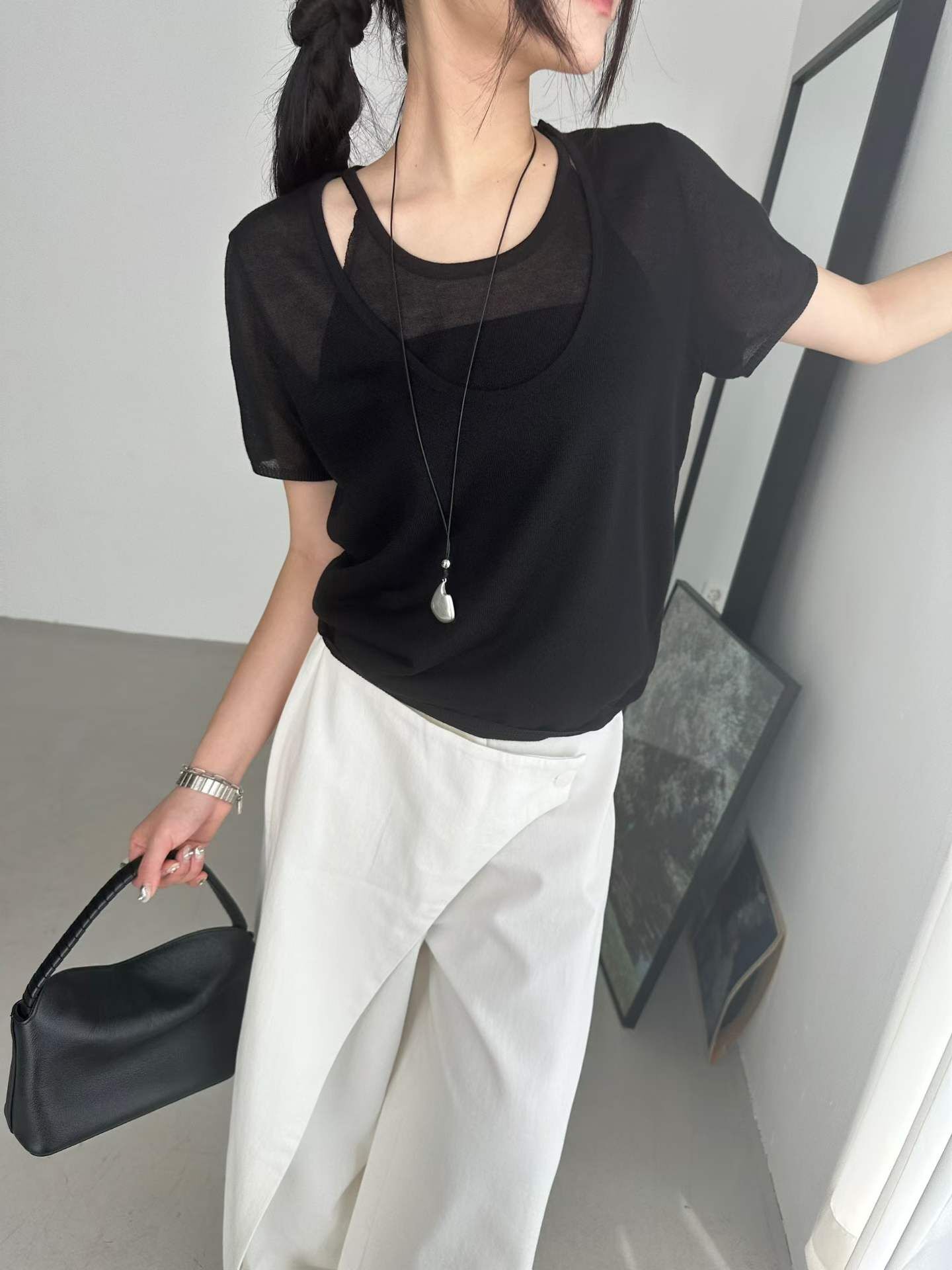 PN6128 假兩件圓領針織上衣