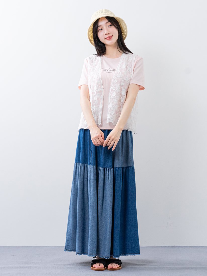 波西米亞風雙色拼接細褶流蘇牛仔長裙
