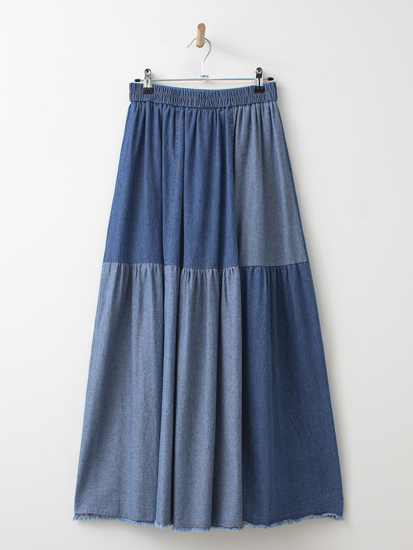 波西米亞風雙色拼接細褶流蘇牛仔長裙