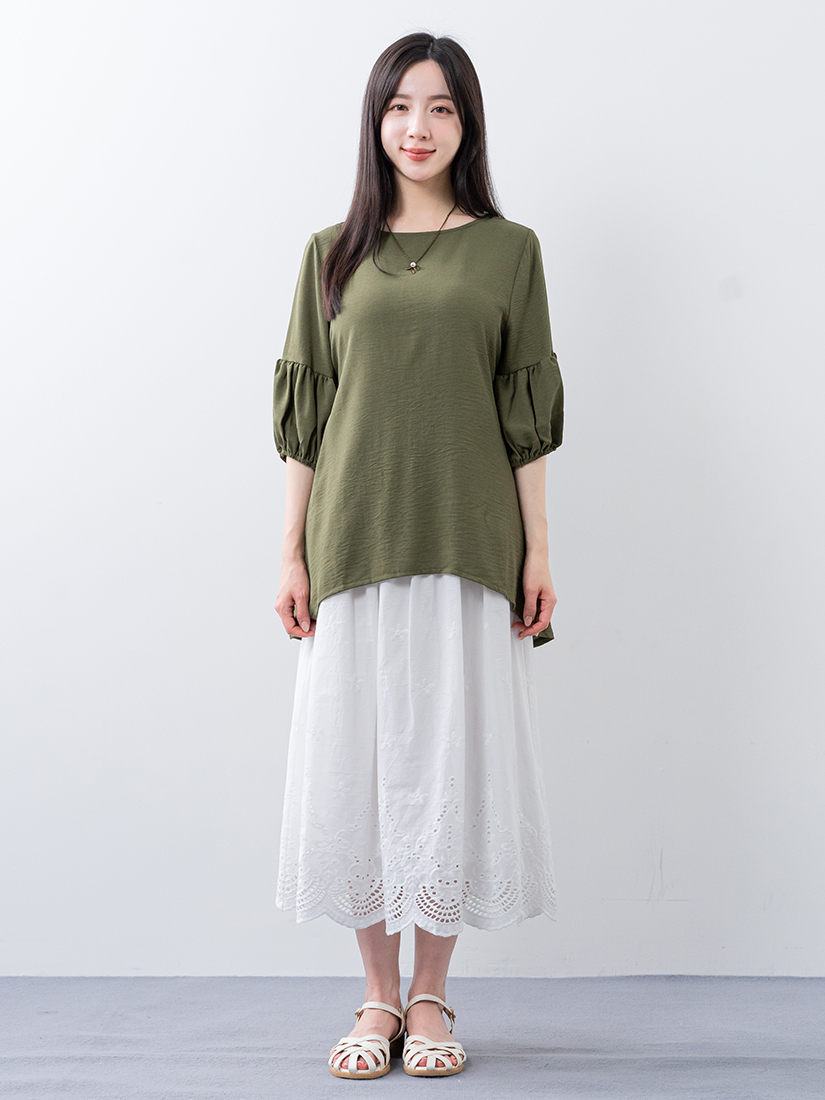 日系後綁帶燈籠袖顯瘦長版上衣
