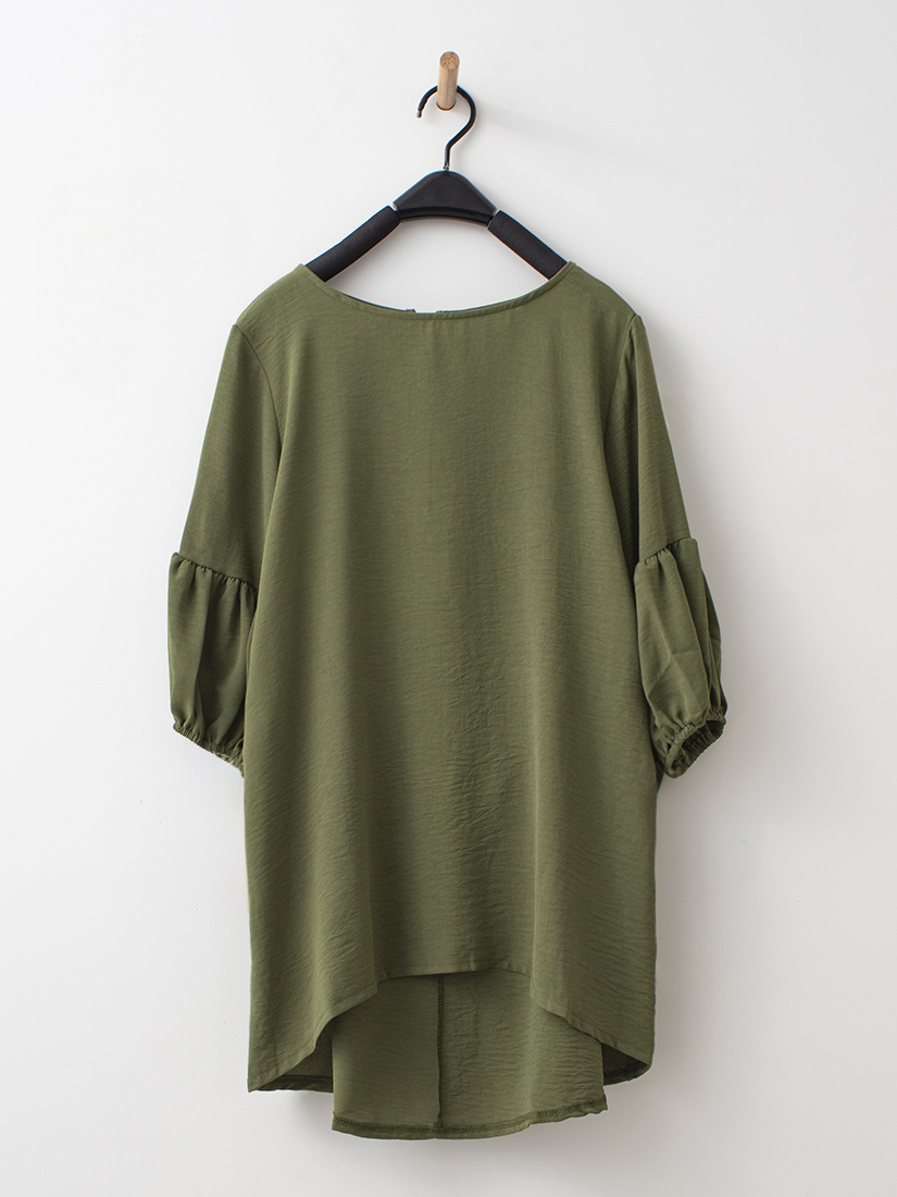 日系後綁帶燈籠袖顯瘦長版上衣