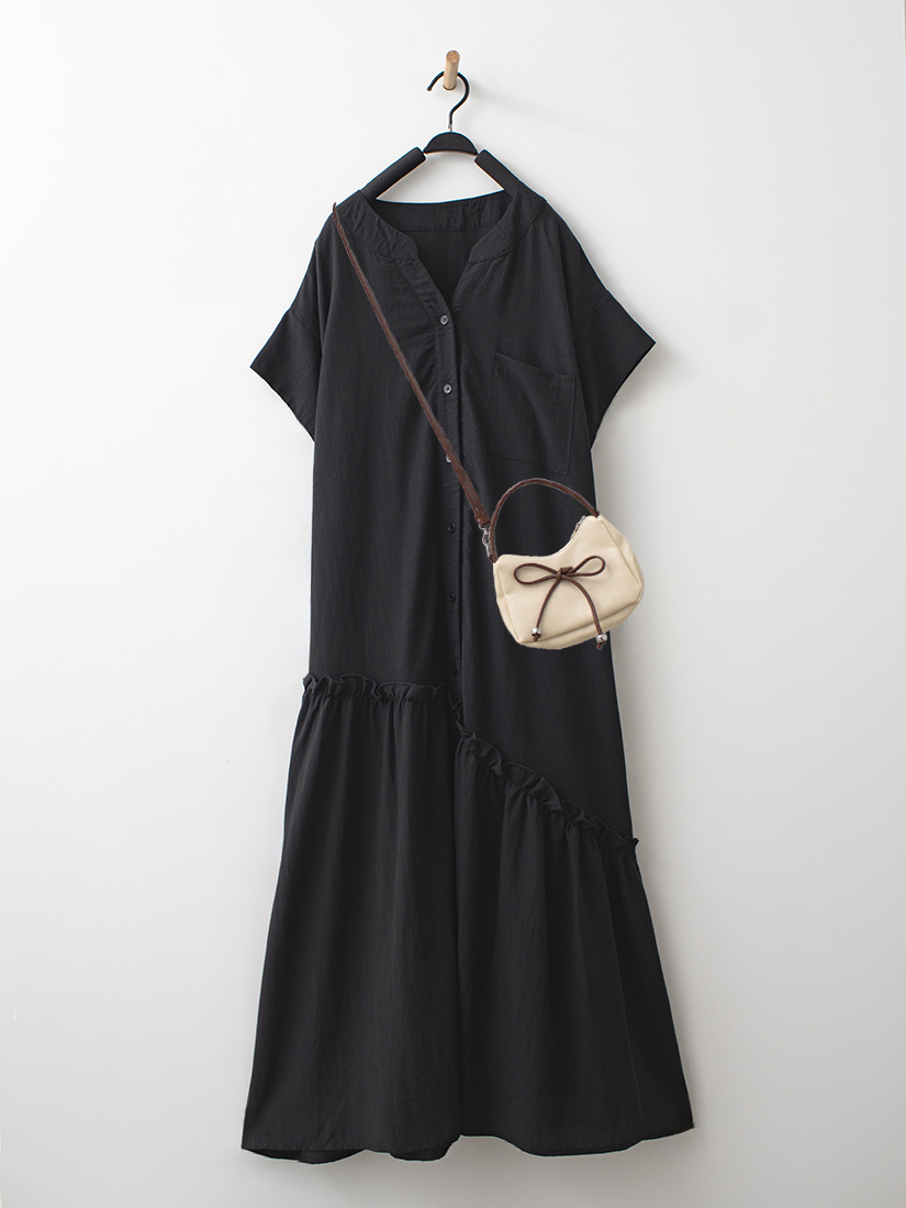 不規則剪接棉麻V領洋裝油蠟皮手提斜背兩用小包組合