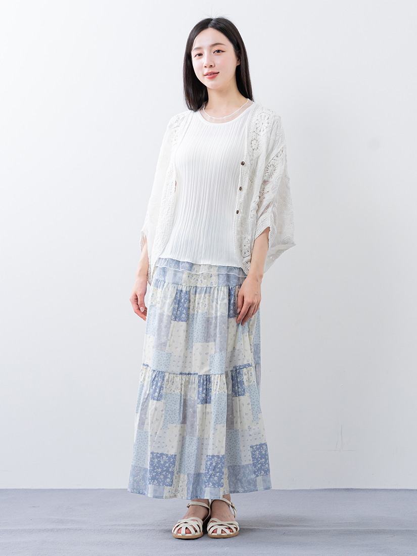 繡花連袖罩衫羅紋涼感上衣絲滑棉蛋糕長裙組合