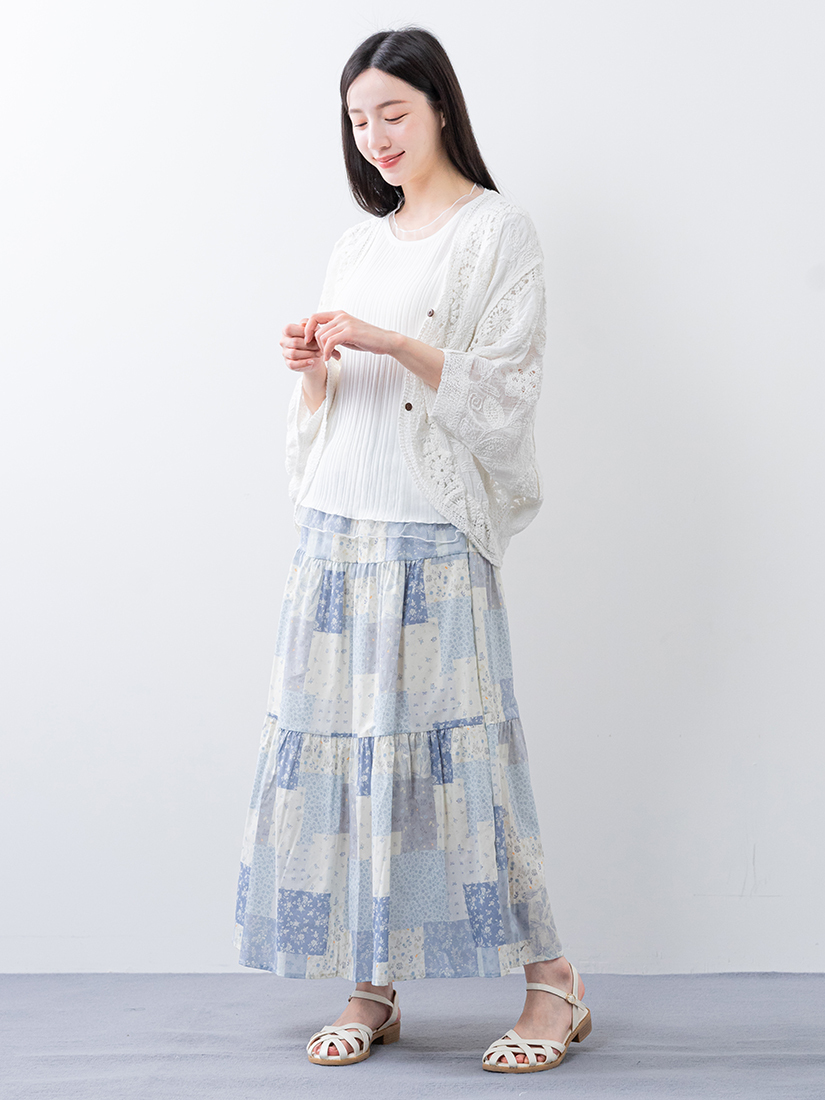 繡花連袖罩衫羅紋涼感上衣絲滑棉蛋糕長裙組合