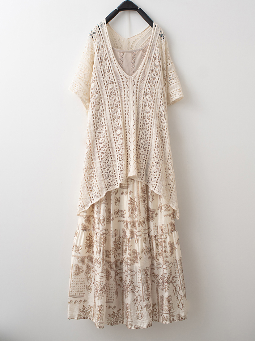 簍空提花針織罩衫蕾絲小花背心圖騰蛋糕裙組合