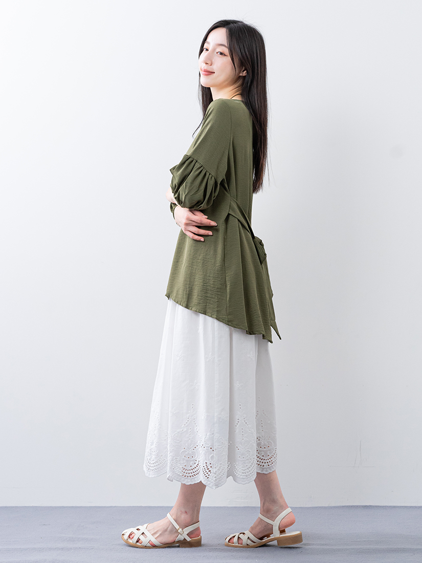 燈籠袖顯瘦上衣鏤空繡花純棉長裙組合