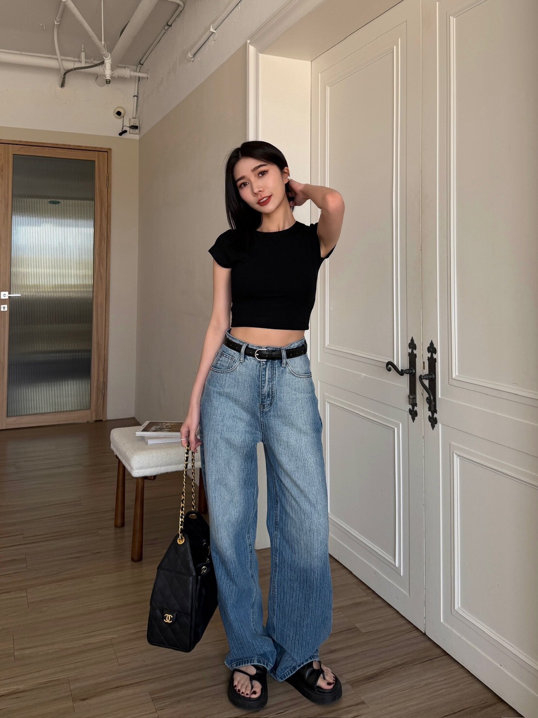 經典刷色紋路牛仔寬褲