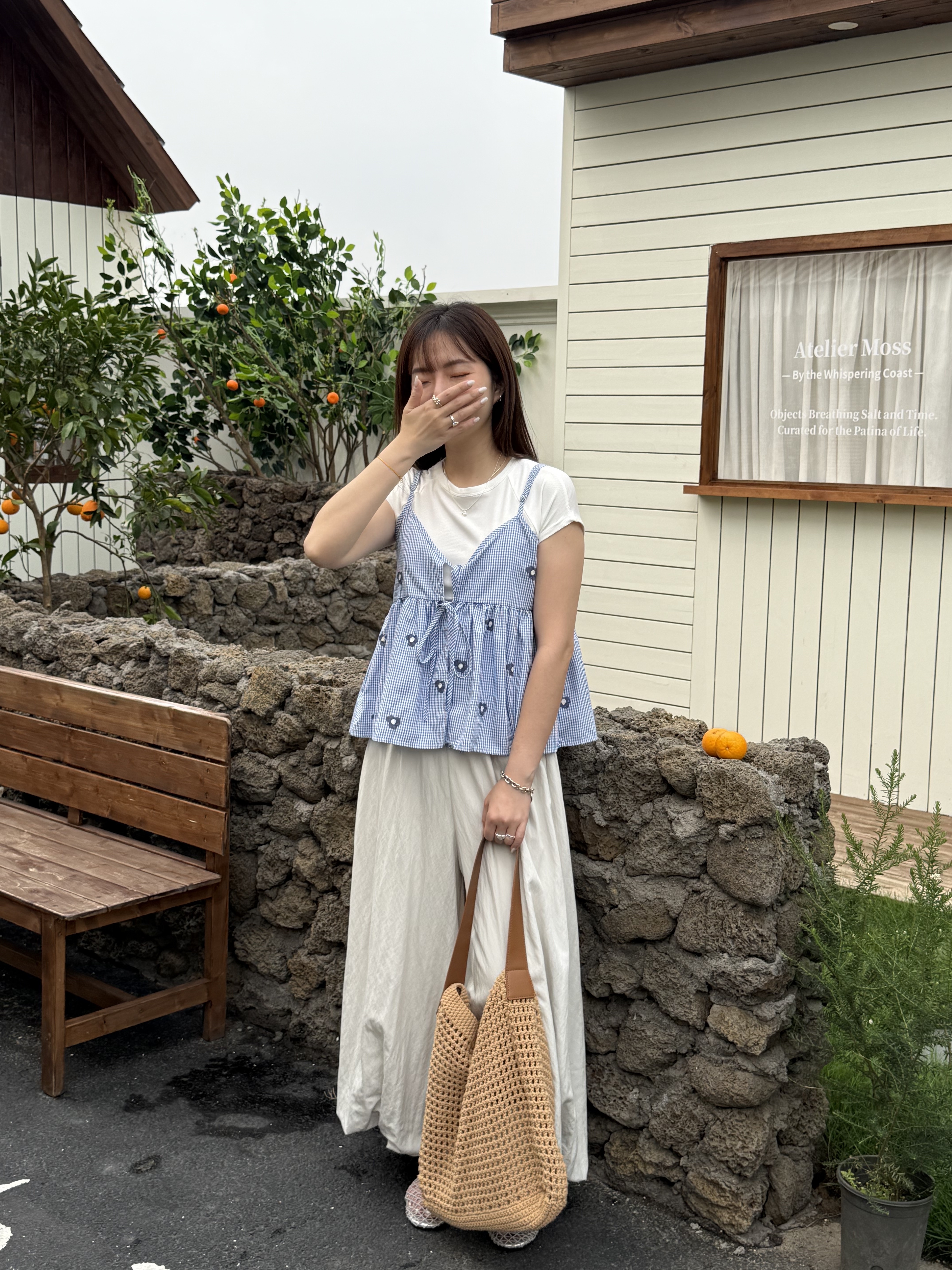 花朵格子綁帶罩衫