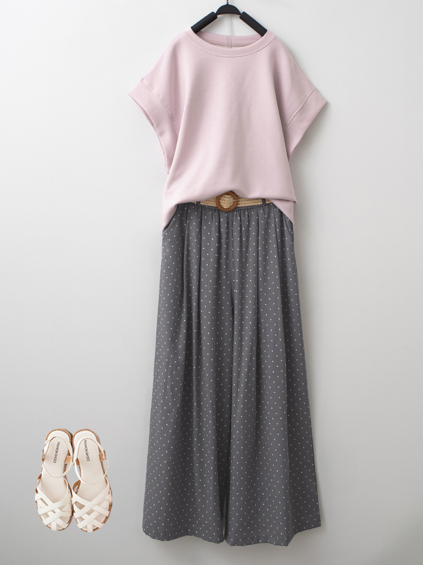空氣棉連袖上衣棉麻感點點九分寬褲組合