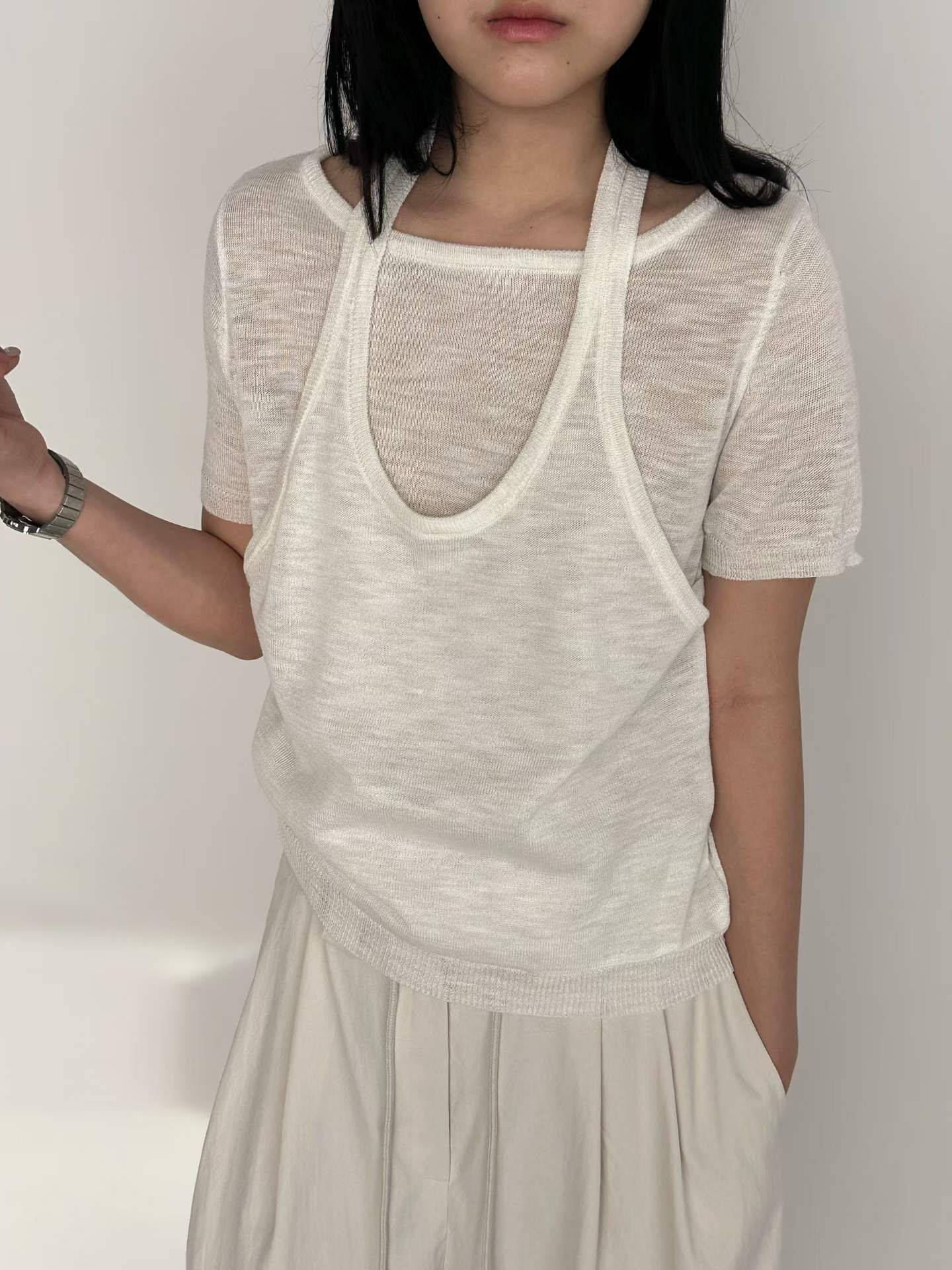 PN6141 假兩件掛領針織上衣