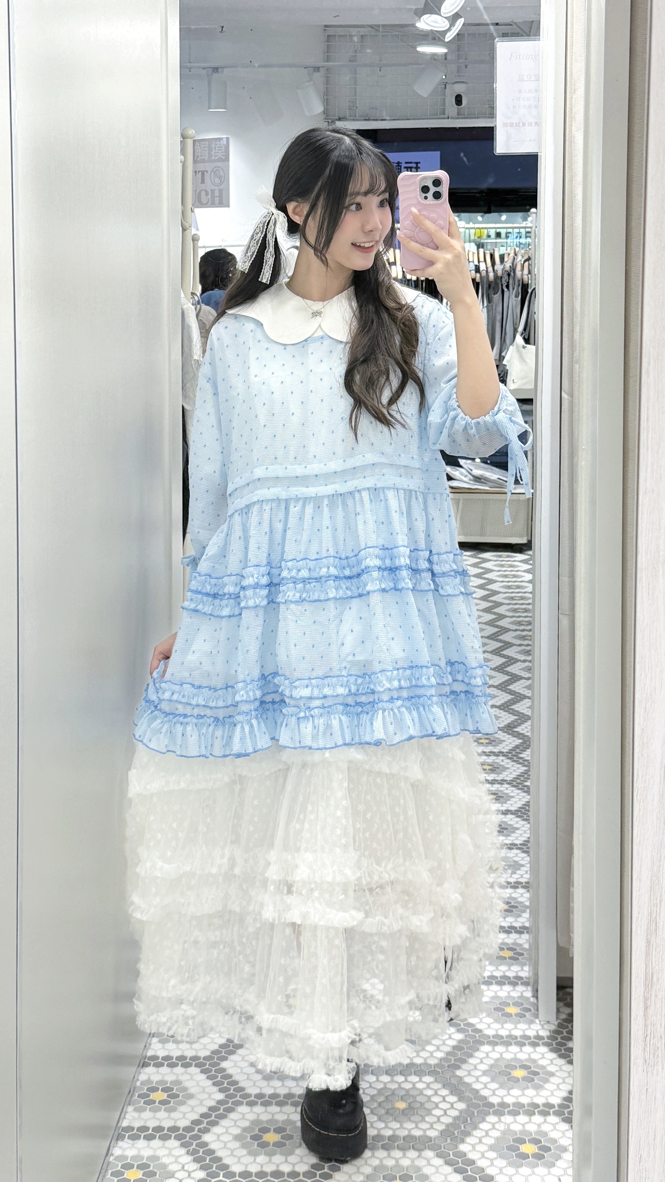 EA1276｜泡泡寬鬆感∘˙🫧༘⋆ 波點重ruffle束袖微透視外搭上衣
