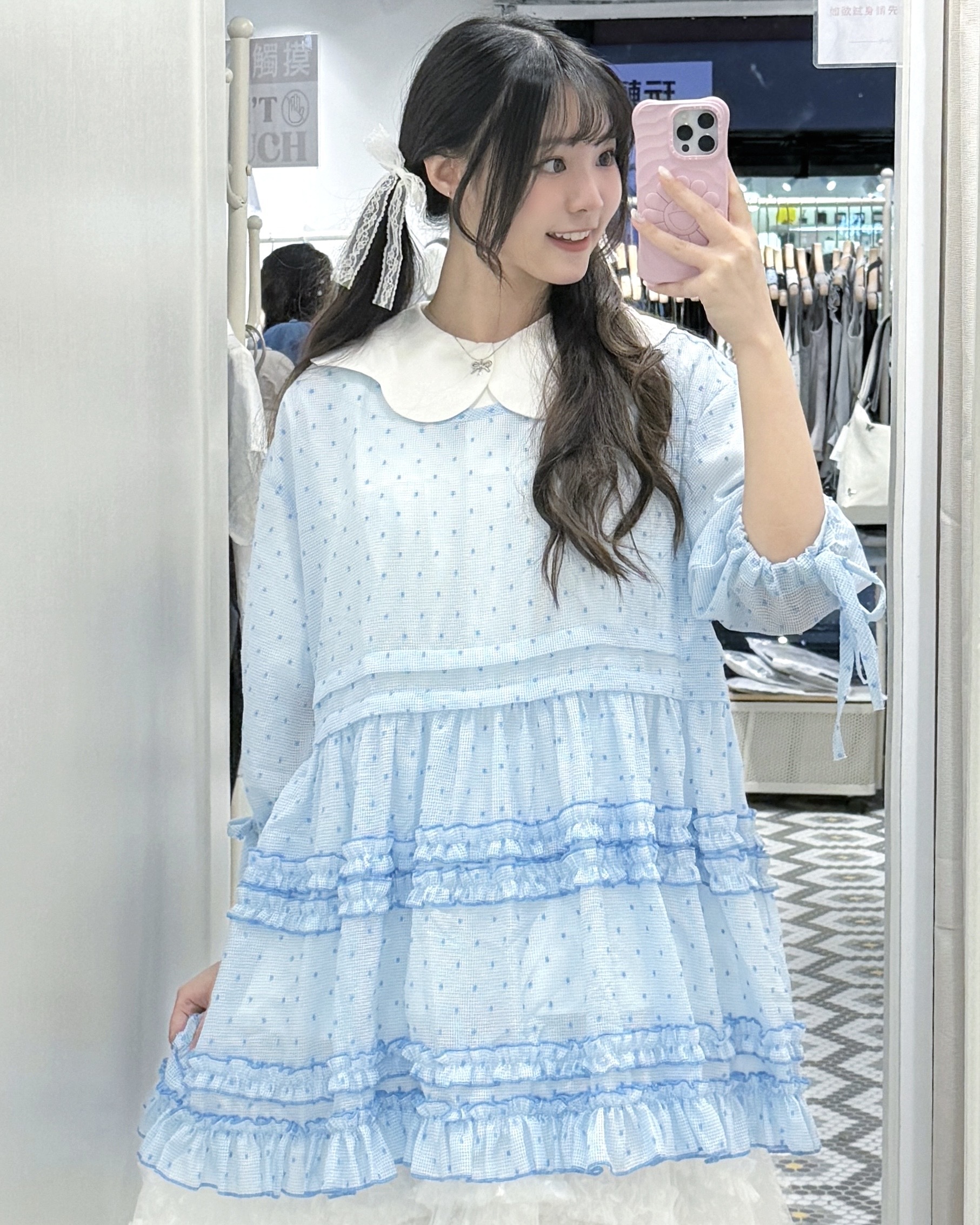 EA1276｜泡泡寬鬆感∘˙🫧༘⋆ 波點重ruffle束袖微透視外搭上衣