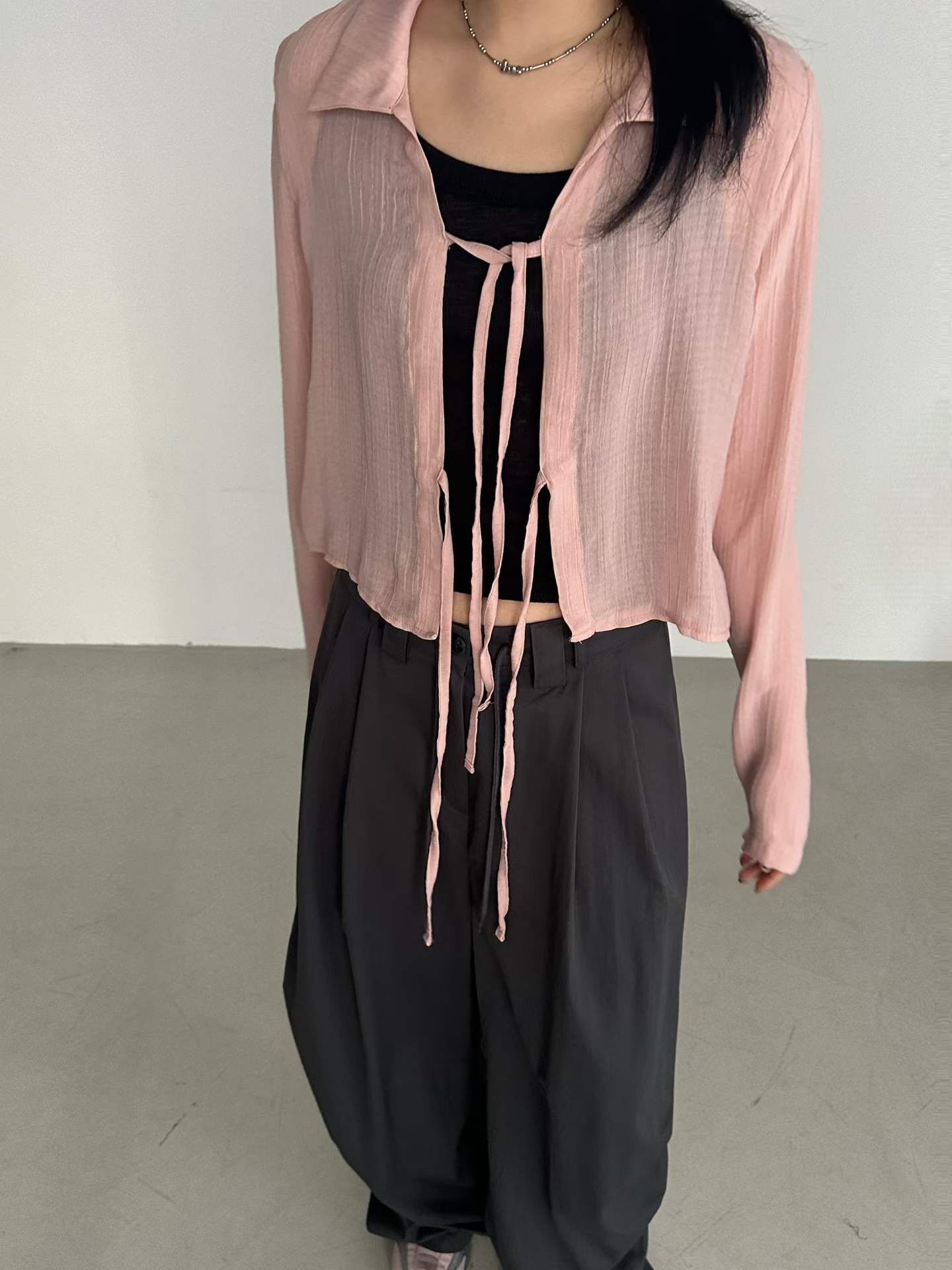 PN6148 肌理感綁繩短襯衫