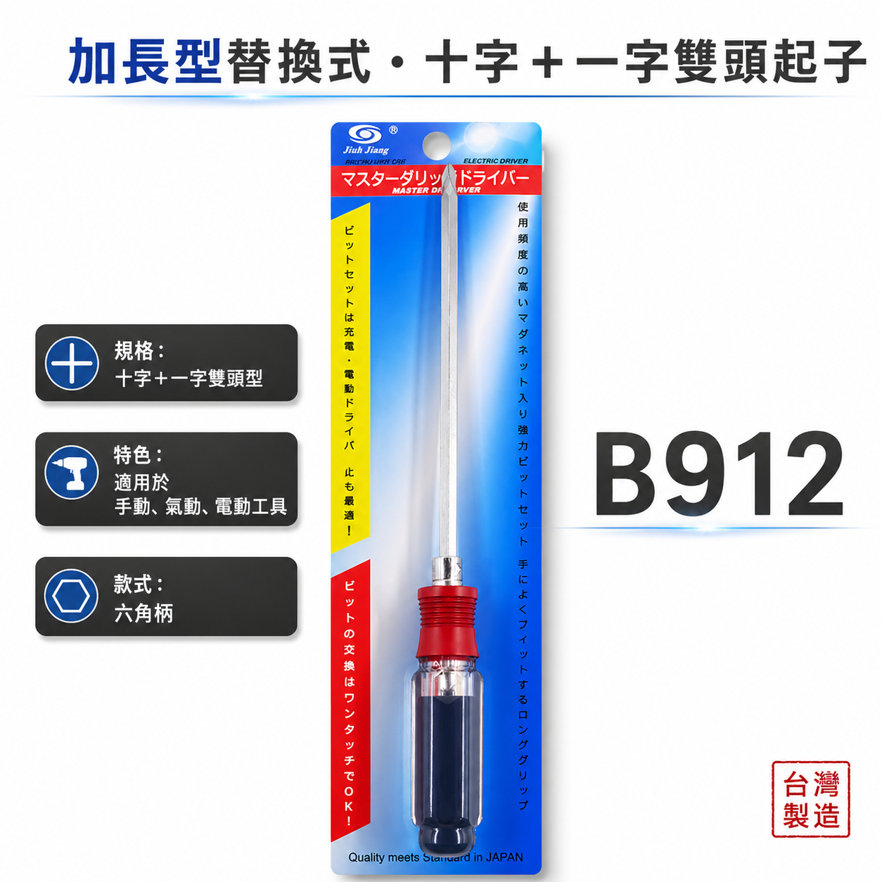 台灣製 巨匠｜超長型-替換式螺絲起子｜十字起子 一字起 透明色膠柄起子 水晶柄螺絲起子 加長型起子｜B912