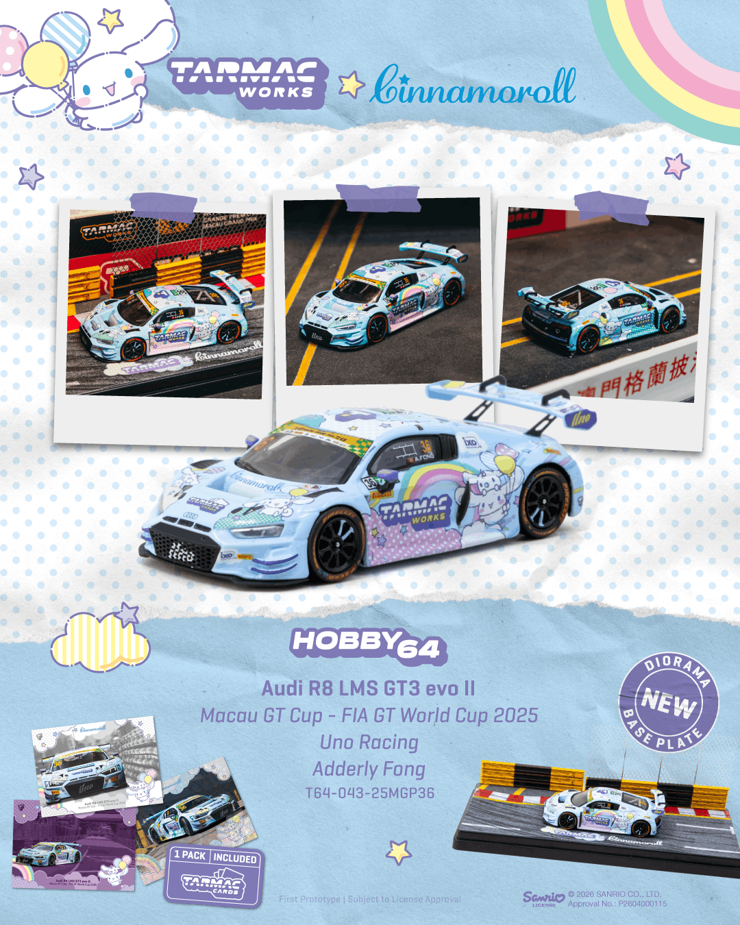 PO-$257 * TARMAC * 1:64 Audi R8 LMS GT3 evo II Macau GT Cup - FIA GT World Cup 2025 Uno Racing Adderly Fong Model Car + Trading Cards Combo Set