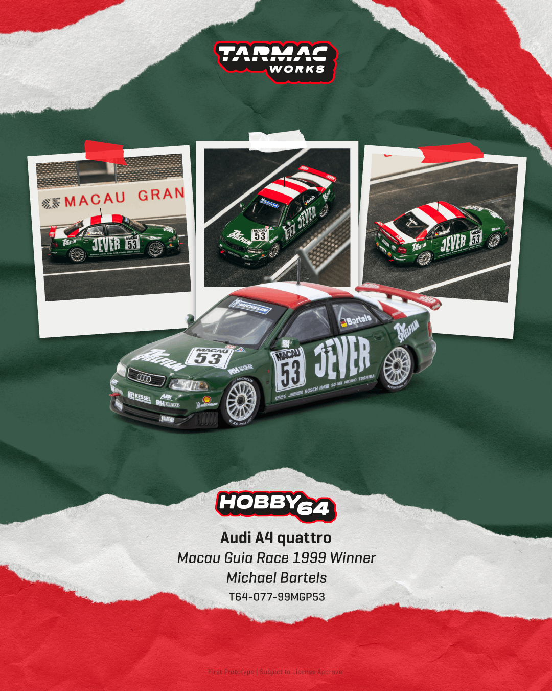 PO-$152 * TARMAC * 1:64 Audi A4 quattro Macau Guia Race 1999 Winner Michael Bartels
