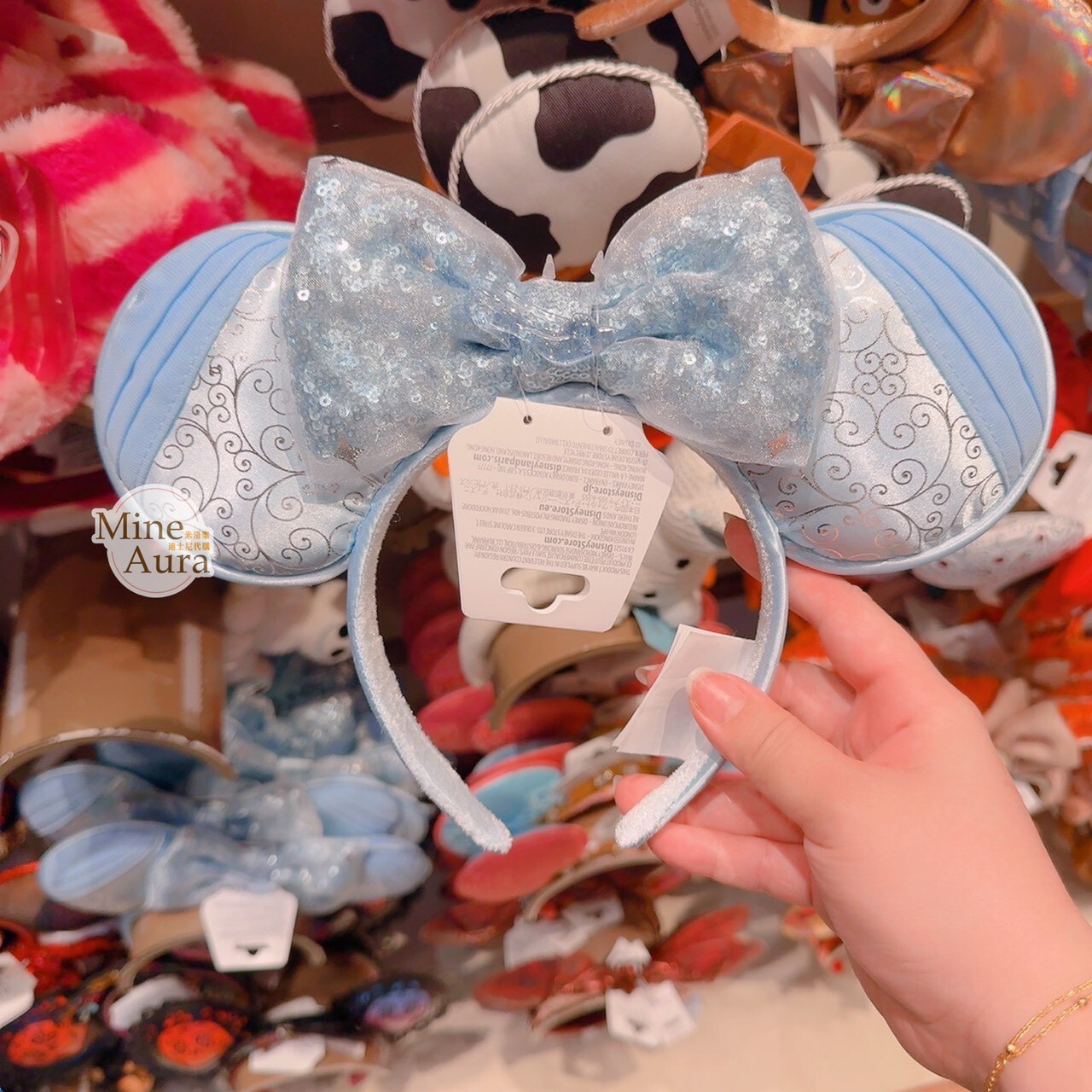 米妮 Minnie 藍色亮片蝴蝶結 立體耳朵 造型 髮圈 髮箍 -香港迪士尼樂園