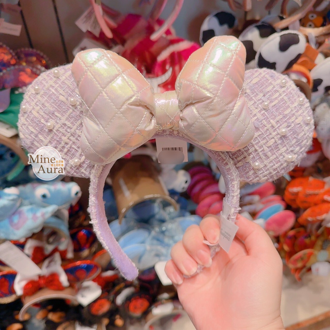 米妮 Minnie 菱格紋蝴蝶結 珍珠毛呢 立體耳朵 造型 髮圈 髮箍 -香港迪士尼樂園