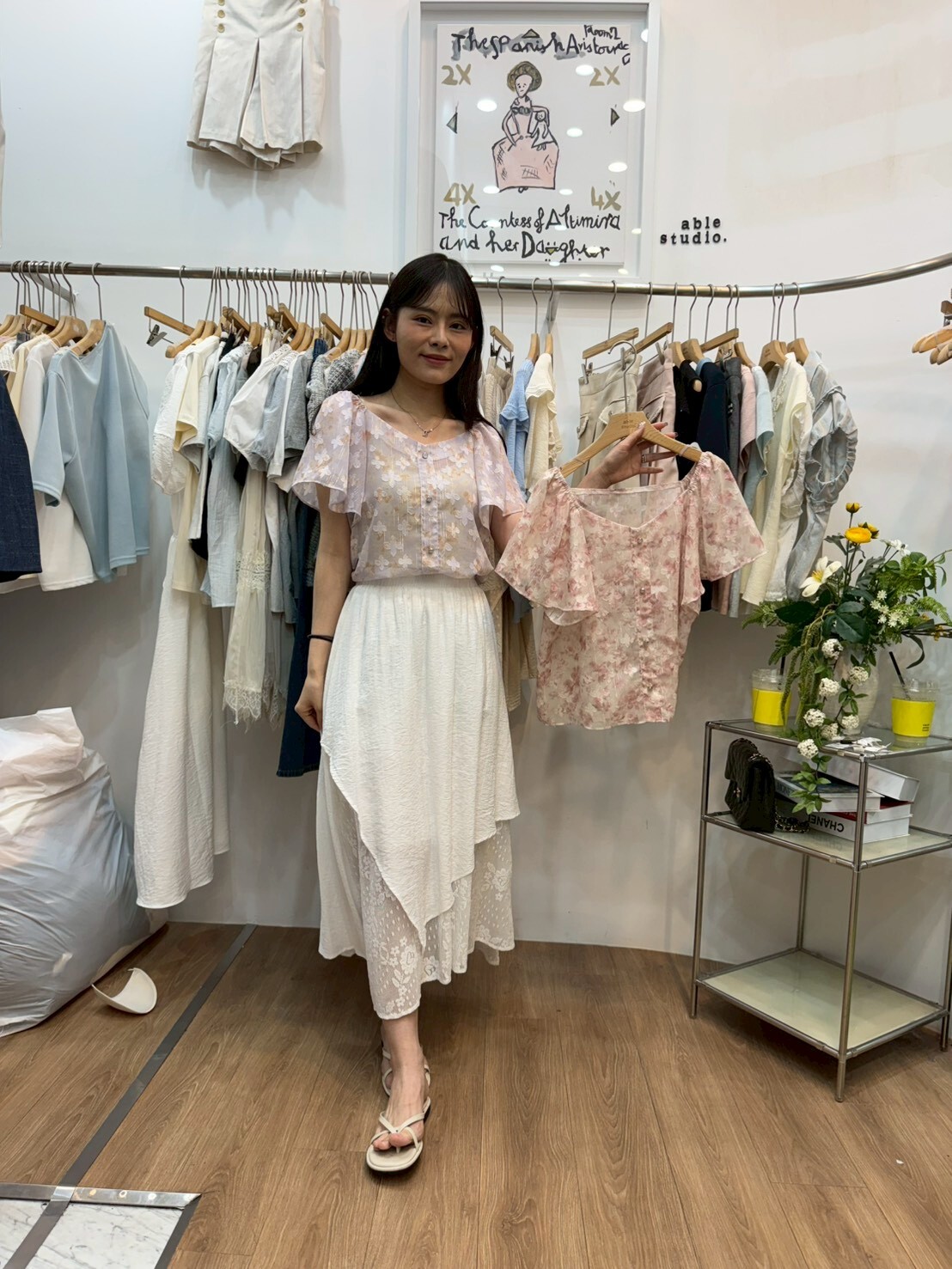 AS6127 日系彩花圖案荷葉袖上衣