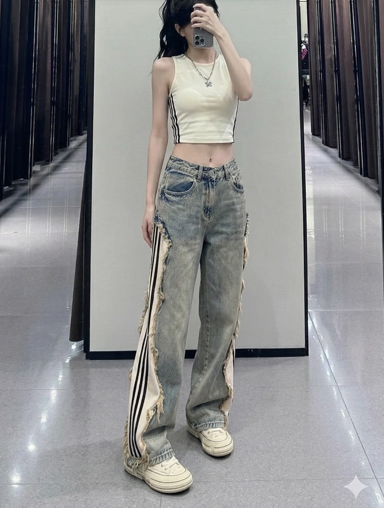 ADIDAS ORIGINALS ADILENIUM PANTS 破壞牛仔寬鬆闊腿褲流蘇 兩色