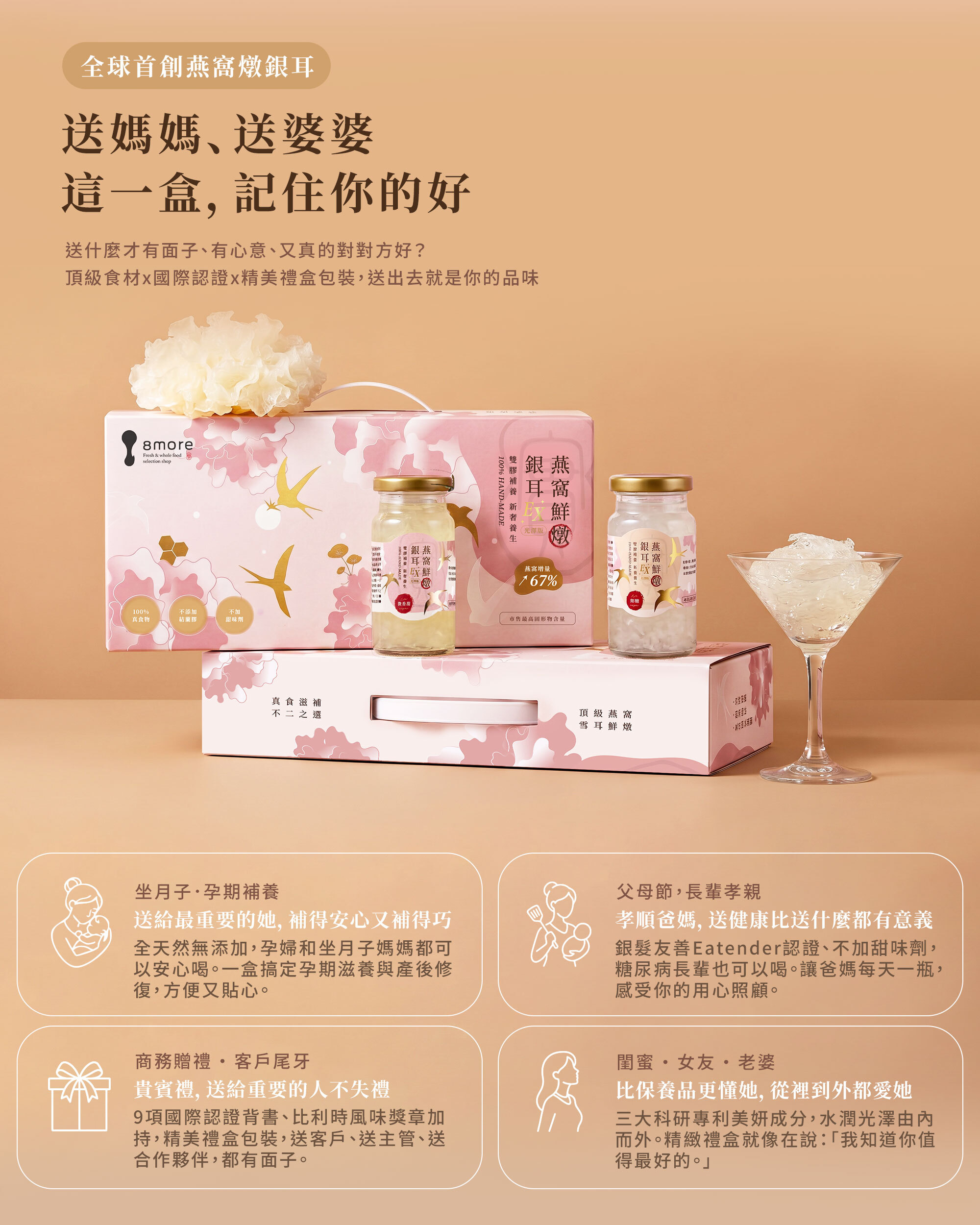 8more 燕窩銀耳禮盒送禮建議清單，適用對象包含孕期補養、產後坐月子、父母長輩孝親、商務贈禮及閨蜜女友保養。