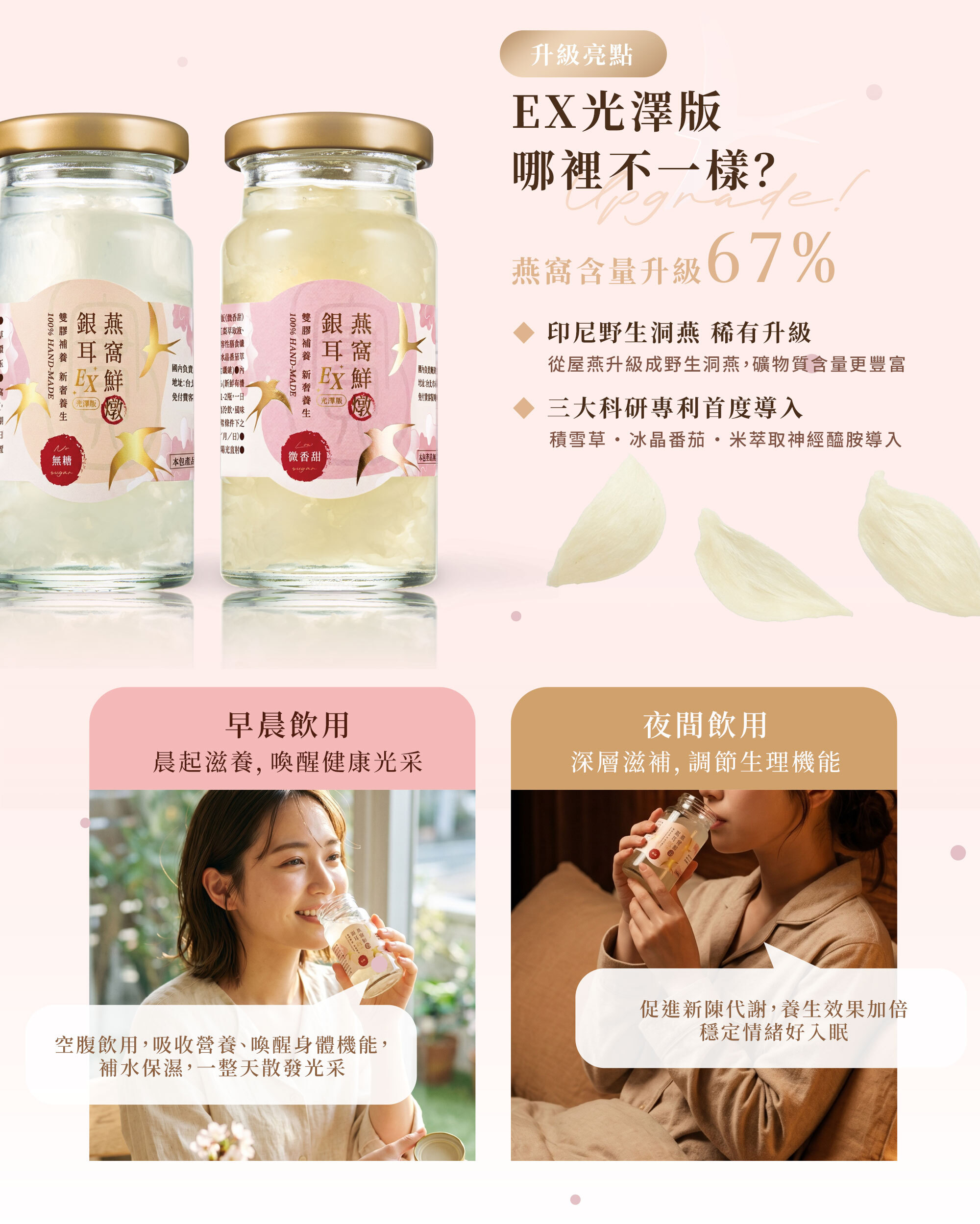 8more EX 光澤版升級特色：燕窩含量提升 67% 並添加三大科研專利成分。展示早晨空腹滋養與夜間深層滋補的飲用情境圖。