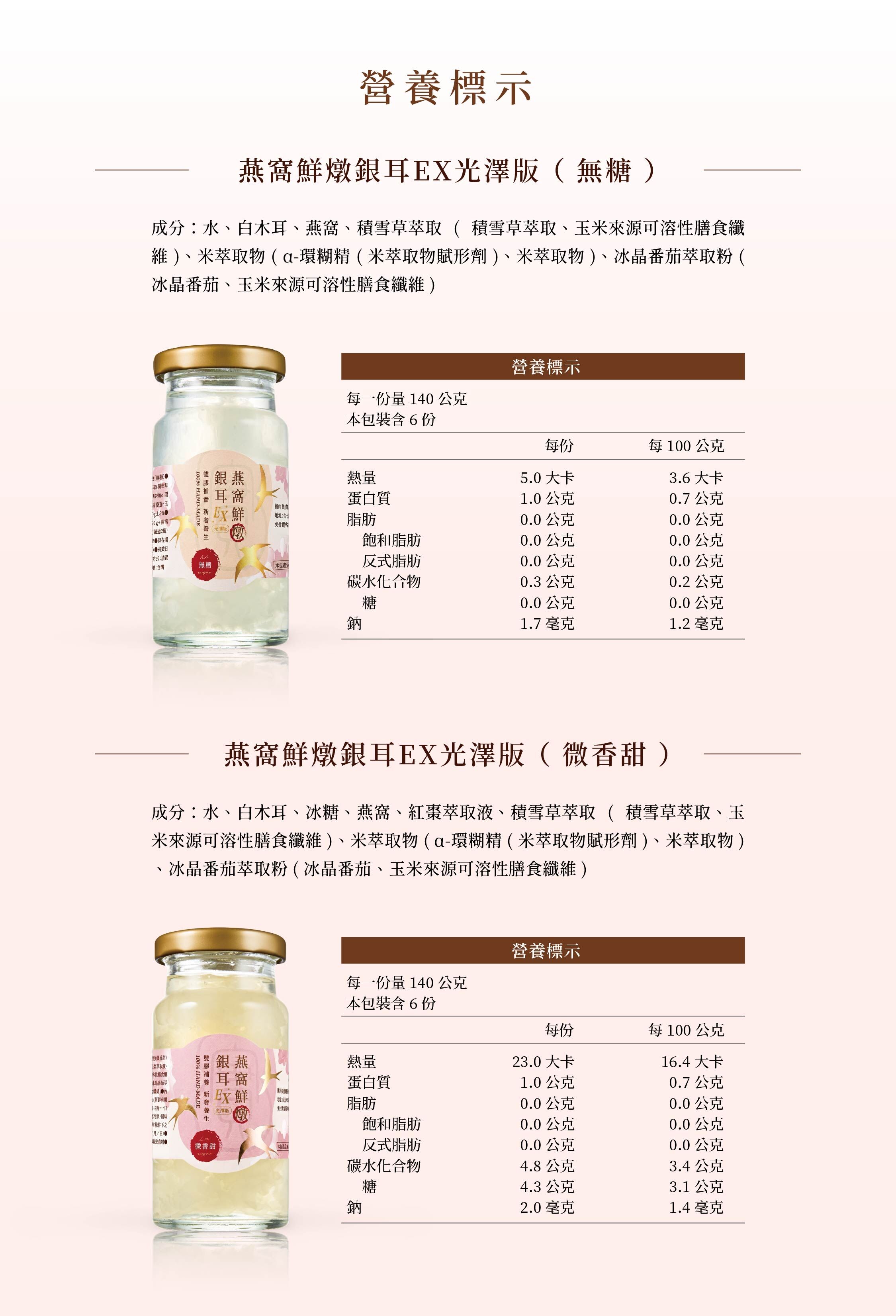 8more 燕窩鮮燉銀耳 EX 光澤版（無糖與微香甜）的詳細成分表與營養標示，單瓶 140ml 含有 50% 固形物，標註熱量與營養數據。