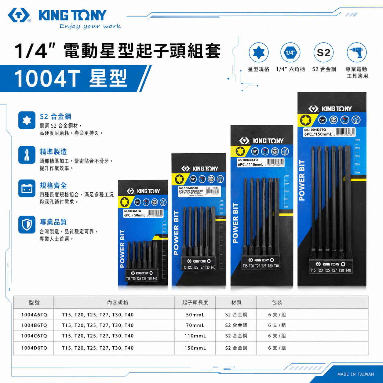 KING TONY 金統立｜六角柄星型起子頭｜6件式 1/4" 星型電動起子頭組｜1004T 星型｜台灣製