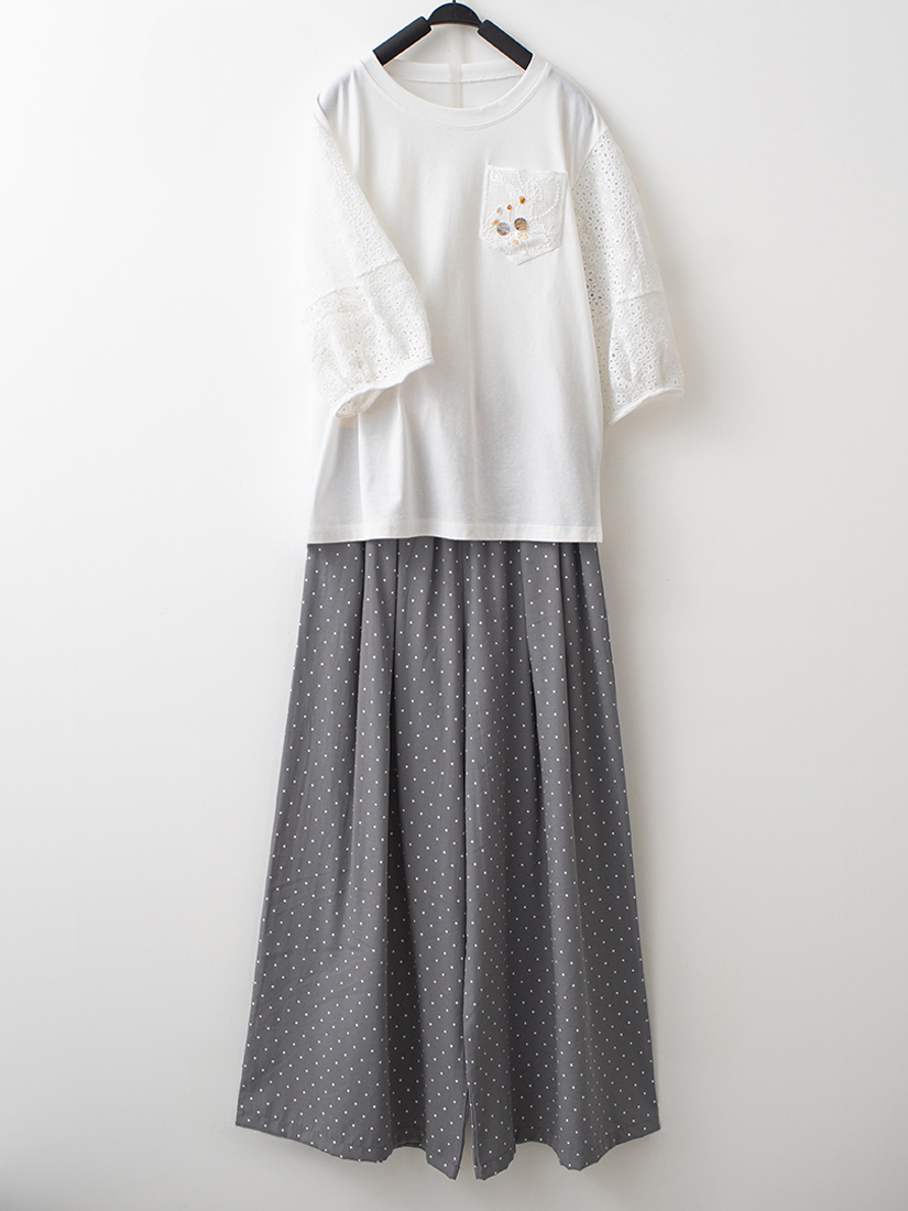 蕾絲花苞袖上衣棉麻感點點九分寬褲組合