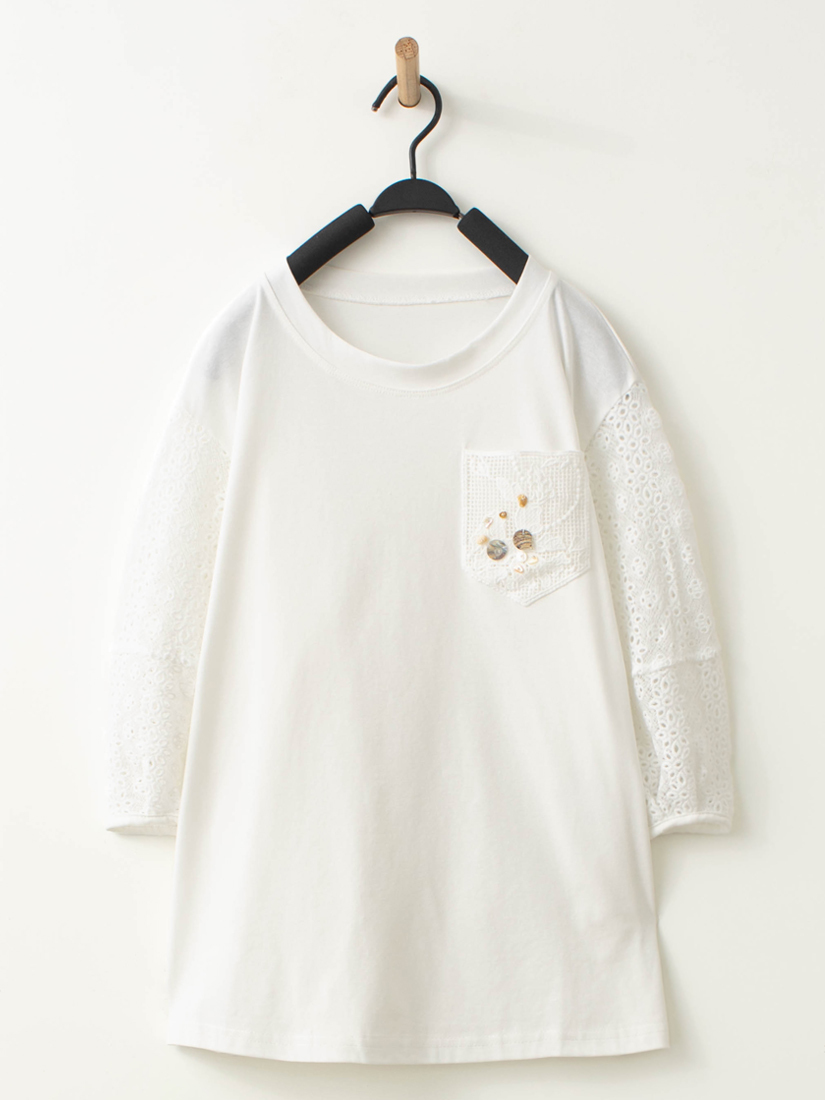 蕾絲花苞袖上衣棉麻感點點九分寬褲組合