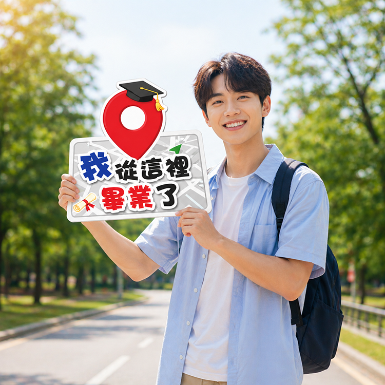 戶外畢業拍照場景，一人手持彩色手舉牌，牌面有紅色定位圖釘搭配學士帽與文憑圖案，文字『我從這裡畢業了』，象徵畢業典禮打卡與成就感