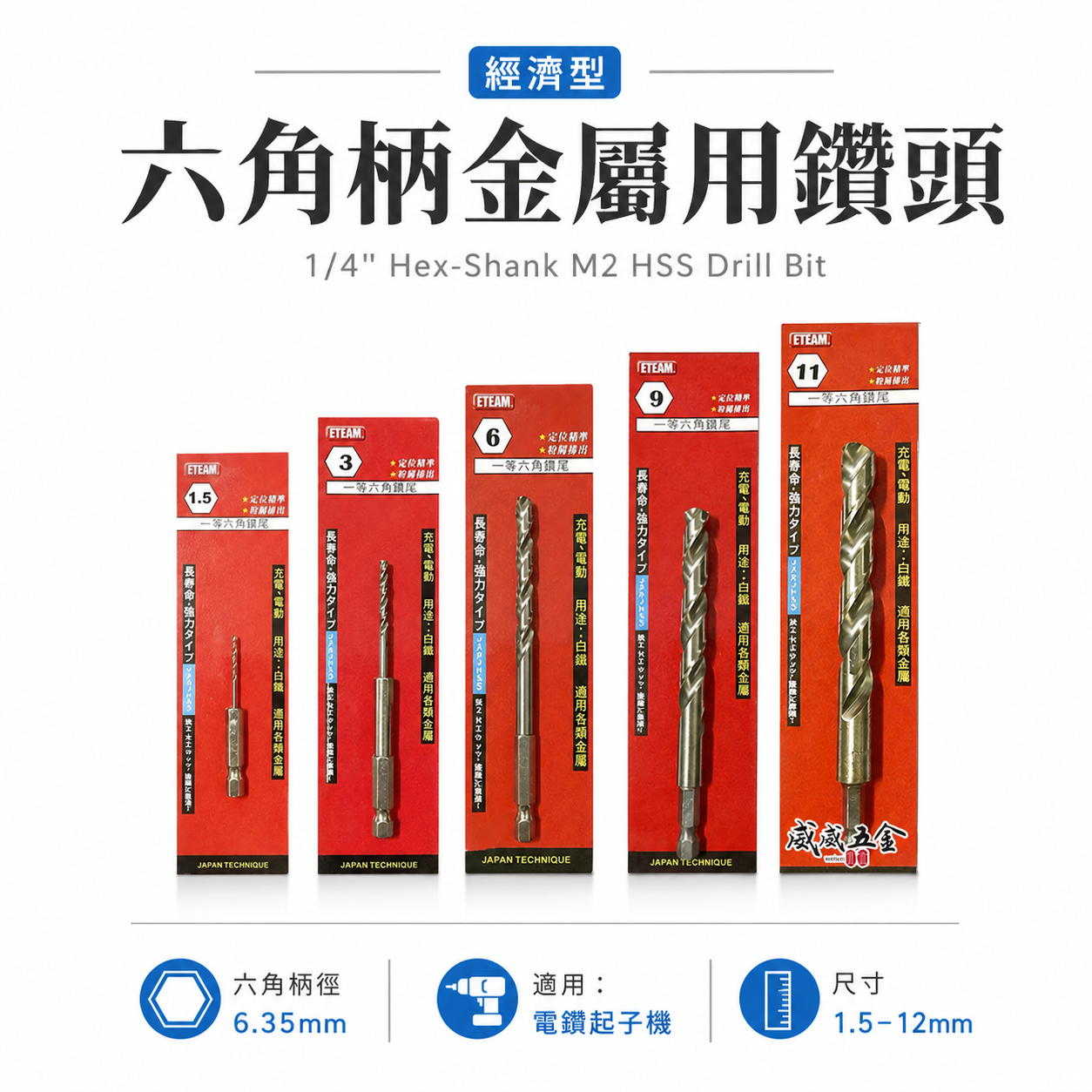 一等 ETEAM / 久美力 / SONA｜六角軸萬用金屬鑽頭｜薄白鐵鑽頭 六角鑽尾 六角柄金屬鑽頭 不鏽鋼鑽孔鑽尾 (經濟型) (紅吊卡)