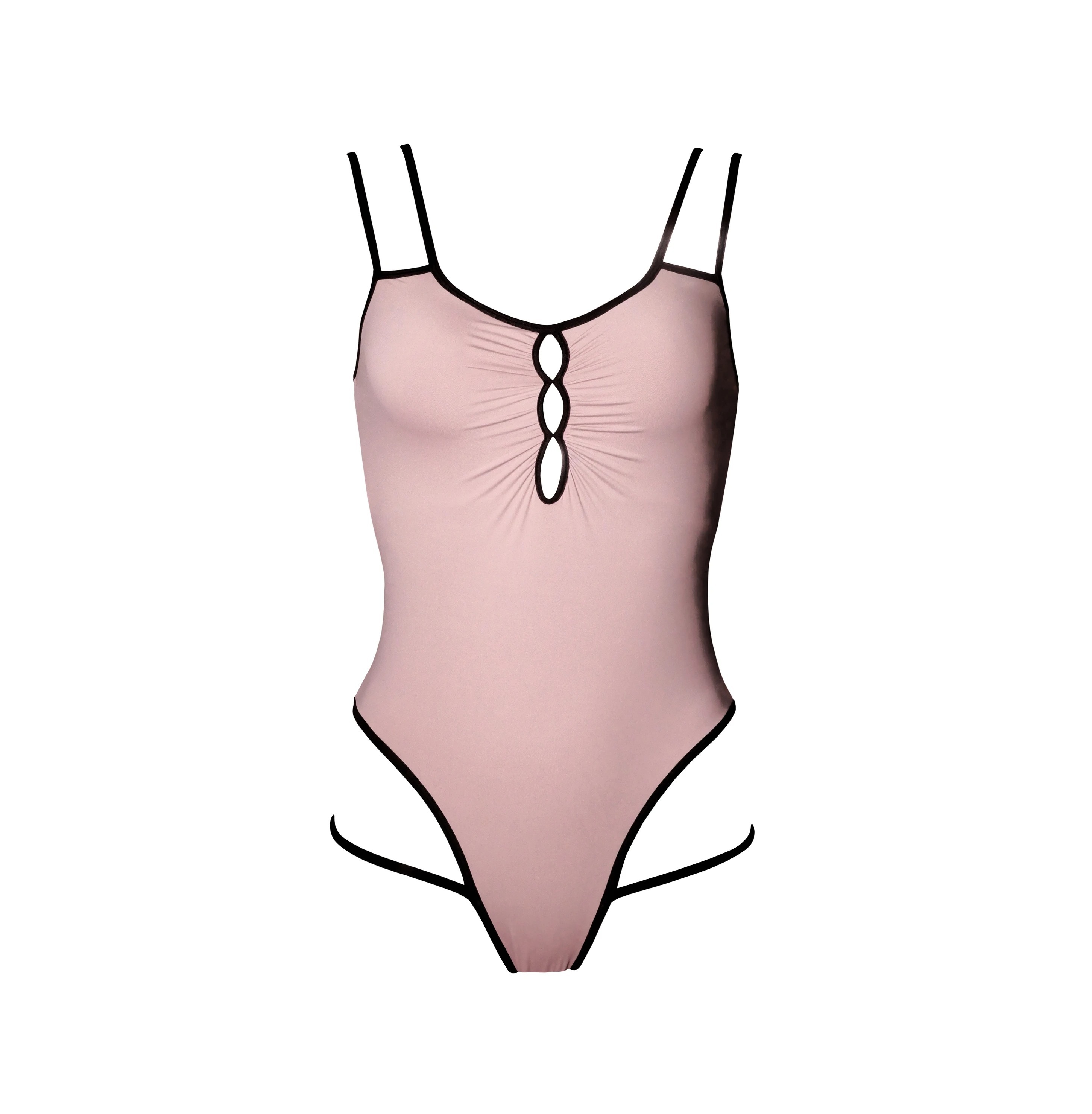 Pastel pink hollow front bodysuit with black binding