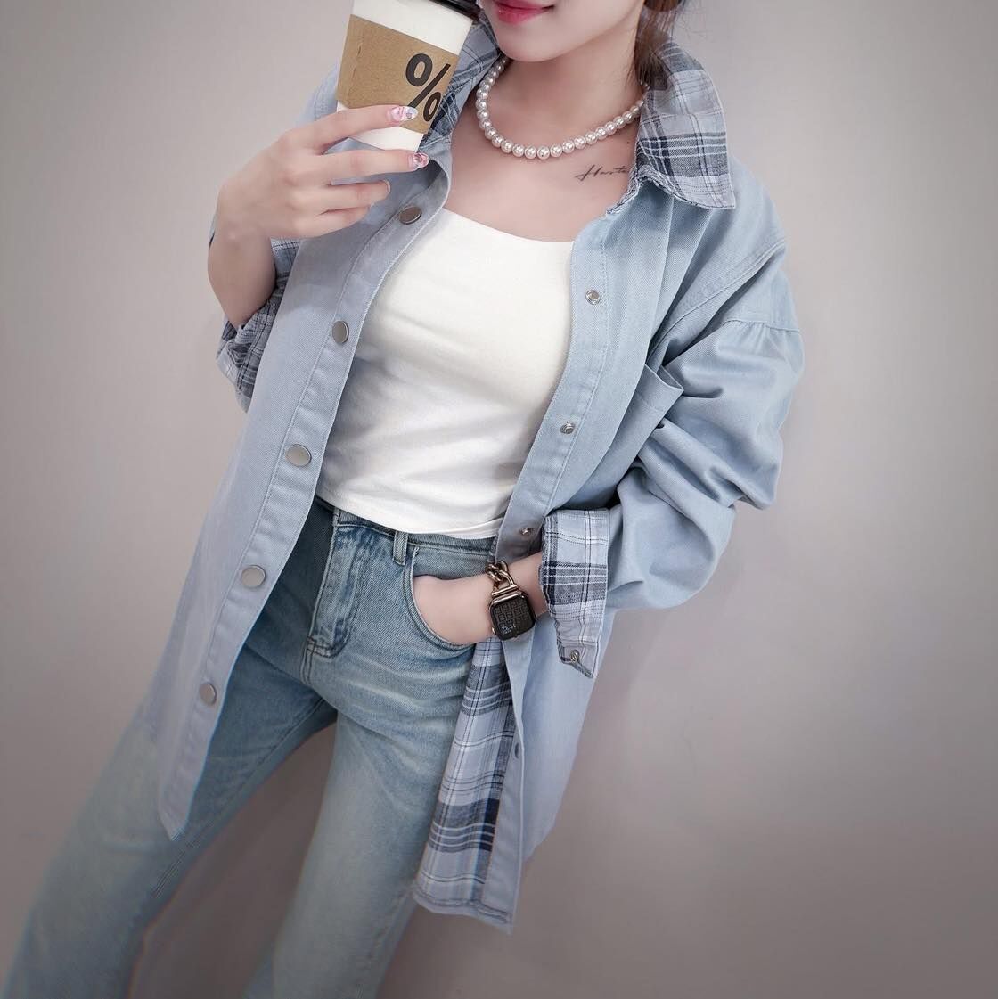 【質感超好的內拼接格紋襯衫外套】（現貨）