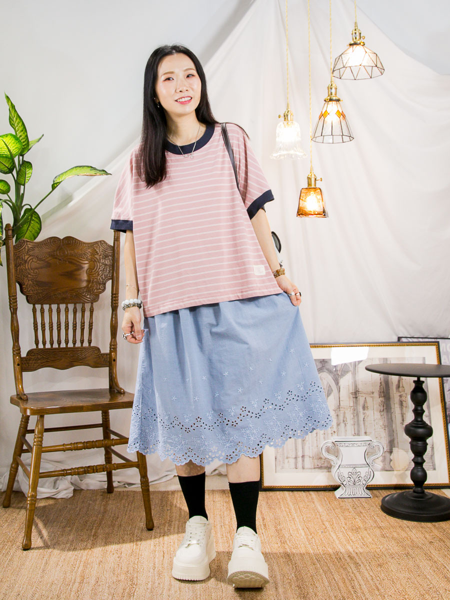 領邊 袖口拼色．橫間COTTON料TOP