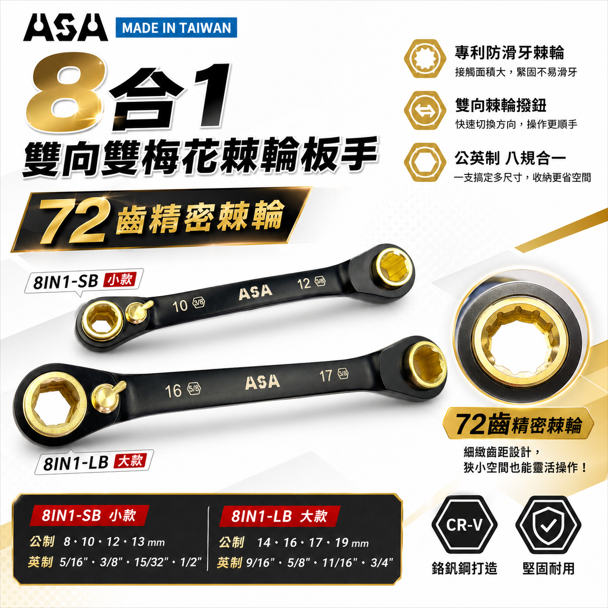 ASA 台灣製｜公英制-2款｜黑鉻-8合1專利72齒棘輪扳手 雙向雙梅花棘輪快速板手｜8IN1-SB LB