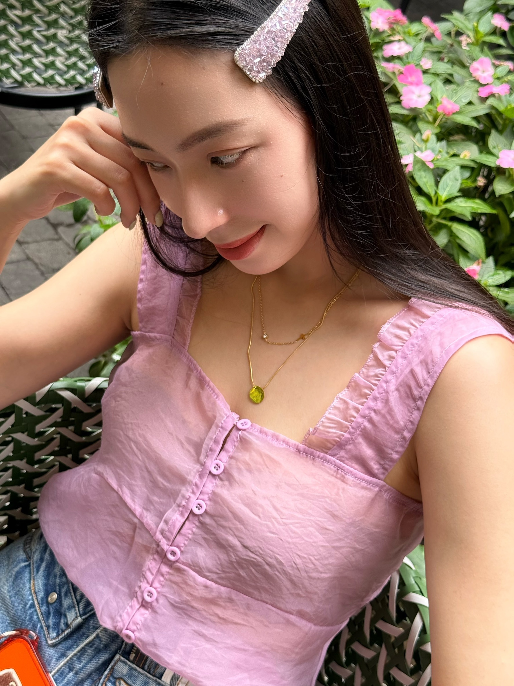 浪漫紫小排扣透膚背心