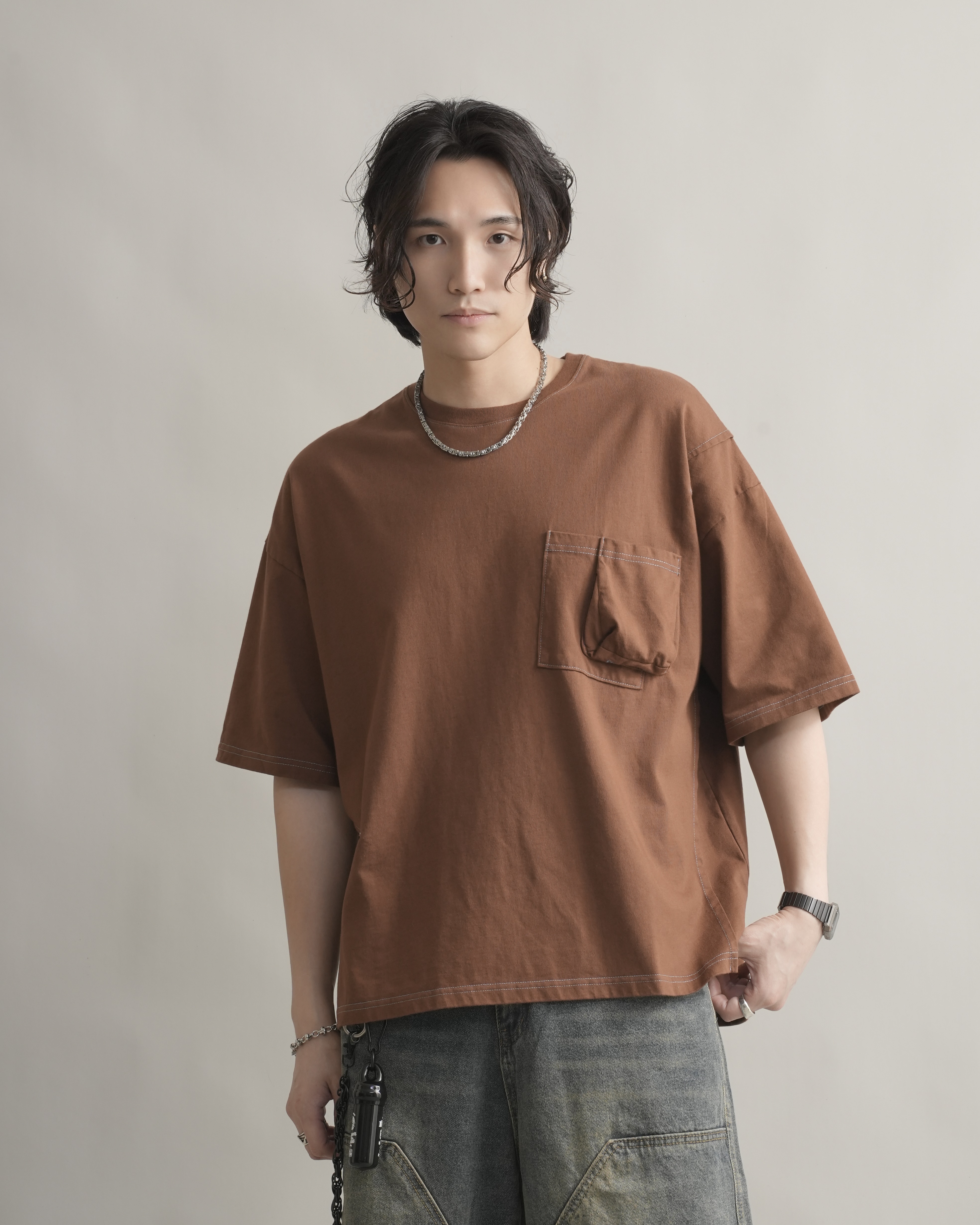 MR033  重疊口袋反車線TEE - 橘棕