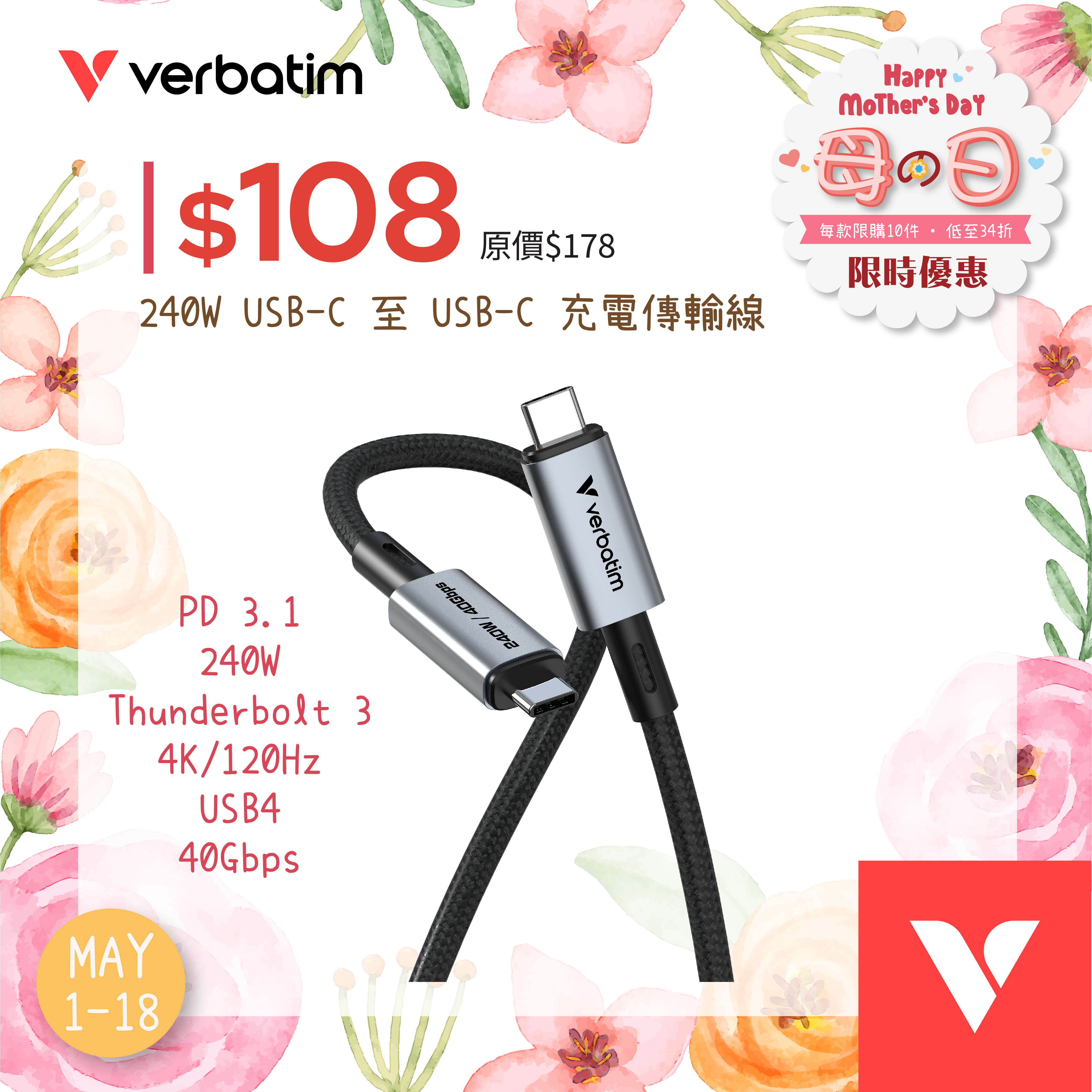 Sync & Charge Cable 240W USB-C to USB-C (SCC4-CC240)