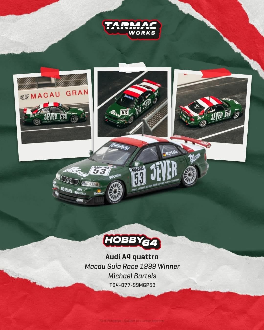 預訂 Pre Order - Tarmac Works Audi A4 quattro Macau Guia Race 1999 Winner