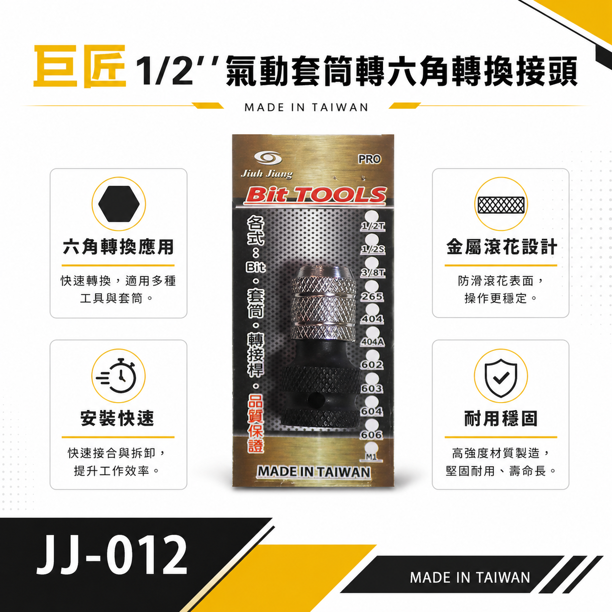 1個 台灣製 巨匠｜1/2"套筒轉六角起子頭轉換接頭 四分套筒轉六角6.35mm快脫轉接頭 CRMO｜JJ-012