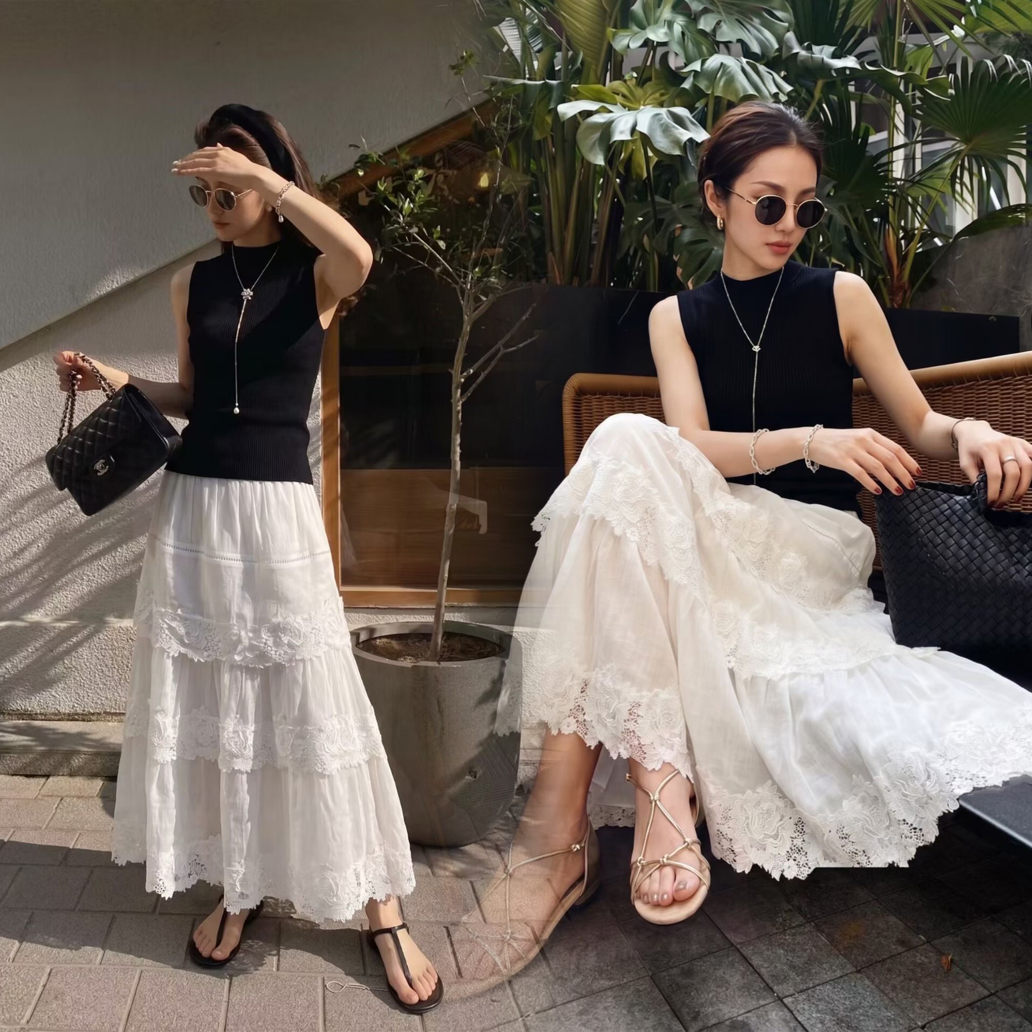 經典黑白拼接蕾絲裙擺圓領長洋裝-S-L (Elegant & Love)