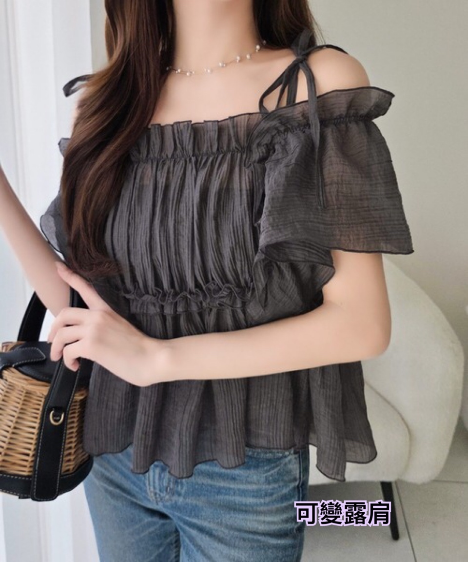 260501 日系女裝荷葉邊可露肩短袖上衣/3 色